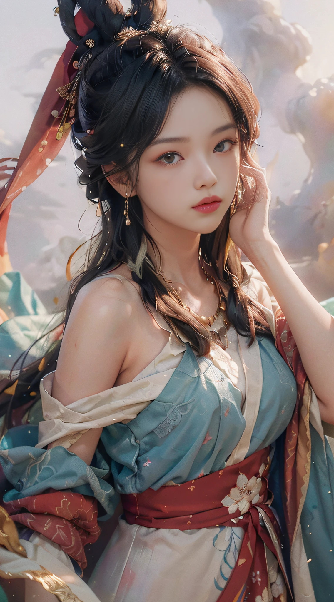 (((White Cloud Background))), (((High Saturation))), ((Surrounded by Color Splashes))) (RAW Photo, Best Quality), (Realistic, Photo Realistic: 1.3), Best Quality, Highly Detailed, Masterpiece, Ultra Detail, Illustration, (1girl: 1.3), (8K, Original Photo, Best Quality, Masterplece), (Photon Mapping, Radiometry, Physically Based Rendering, Auto White Balance), Ultra Detail, Beautiful and Aesthetic, Beautiful, Masterpiece, Best Quality,(color: 1.1), most detailed, (zentangle: 1.2), (dynamic pose), (abstract background: 1.5), (Japanese dress: 1.2), (shiny skin), (multiple colors: 1.4), (earrings: 1.4),
