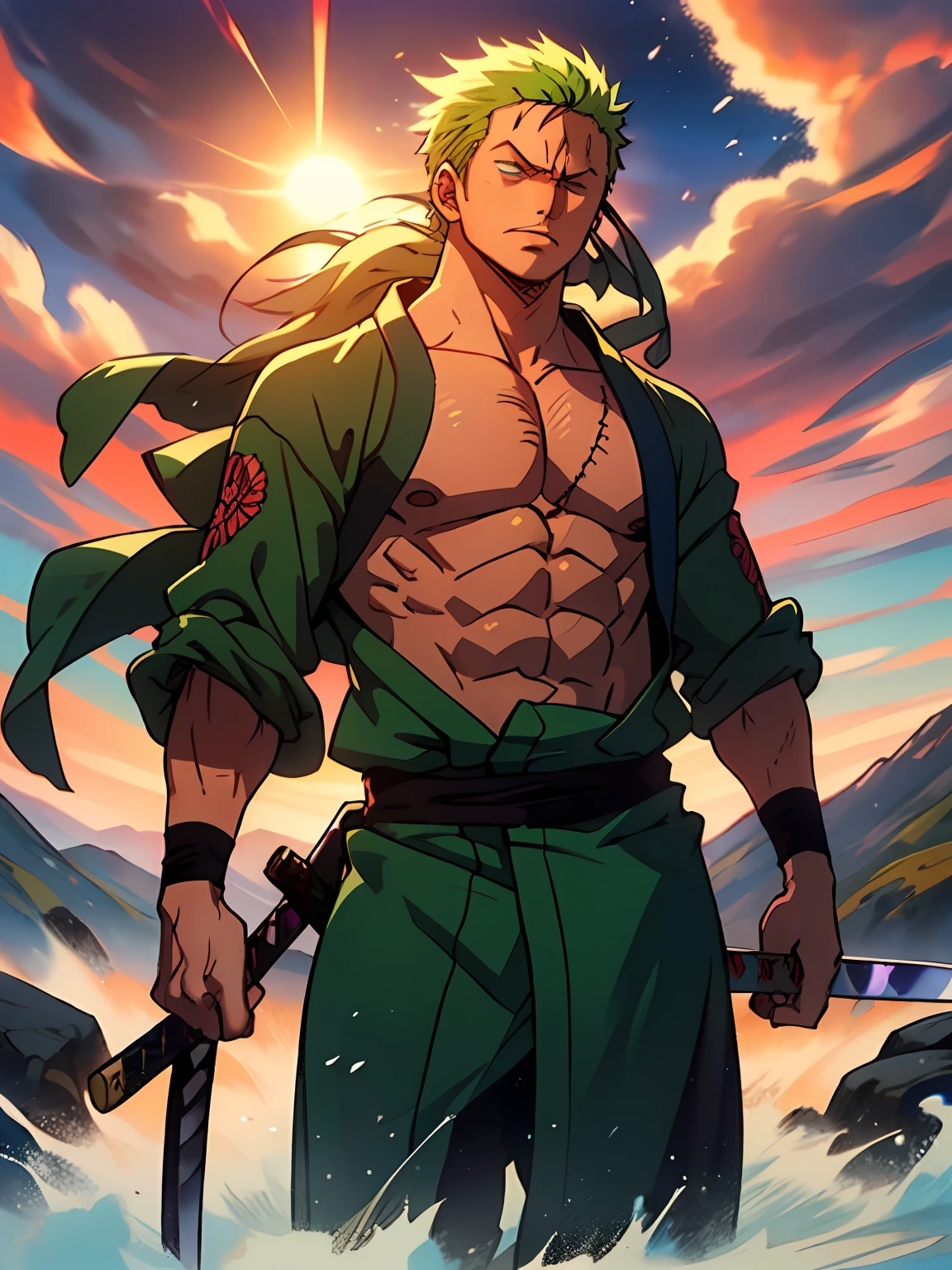 Roronoa Zoro (Masterpiece, 4k resolution, ultra-realistic, very detailed), long GREEN straight hair, (Theme of white samurai, charismatic, there is a swordsman next to a Japanese "isakaya" bar, wearing a blue kimono with cloud details on the "obi" track, he is commander of the first division of the leader of the mugiwara band, work "One Piece"), [ ((19 years), (long green straight hair:1.2), long GREEN straight hair, full body, (blue eyes:1.2), ((Roronoa Zoro's pose), show of strength, unsheathing with one hand his katanas enma), ((Japanese rural environment):0.8)| (rural landscape, at dusk, dynamic lights), (blinded sun)), 1 katana]. # Explanation: Prompt mainly describes a 4k painting of ultra-high definition, LONG GREEN straight hair, very realistic, very detailed. It shows a swordsman, master of the Santoryu style of katanas, wearing a blue kimono with cloud details at the waist band. The subject in the painting is a subject of a white swordsman, holding with one hand his black katana enma, the male protagonist has LONG green straight hair, is 19 years old and his entire defined body is shown in the painting, with characteristics of pumped endomorph.