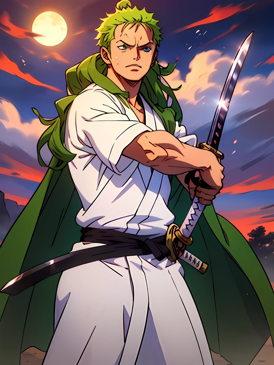Roronoa Zoro (Masterpiece, 4k resolution, ultra-realistic, very detailed), long GREEN straight hair, (Theme of white samurai, charismatic, there is a swordsman next to a Japanese "isakaya" bar, wearing a blue kimono with cloud details on the "obi" track, he is commander of the first division of the leader of the mugiwara band, work "One Piece"), [ ((19 years), (long green straight hair:1.2), long GREEN straight hair, full body, (blue eyes:1.2), ((Roronoa Zoro's pose), show of strength, unsheathing with one hand his katanas enma), ((Japanese rural environment):0.8)| (rural landscape, at dusk, dynamic lights), (blinded sun)), 1 katana]. # Explanation: Prompt mainly describes a 4k painting of ultra-high definition, LONG GREEN straight hair, very realistic, very detailed. It shows a swordsman, master of the Santoryu style of katanas, wearing a blue kimono with cloud details at the waist band. The subject in the painting is a subject of a white swordsman, holding with one hand his black katana enma, the male protagonist has LONG green straight hair, is 19 years old and his entire defined body is shown in the painting, with characteristics of pumped endomorph.