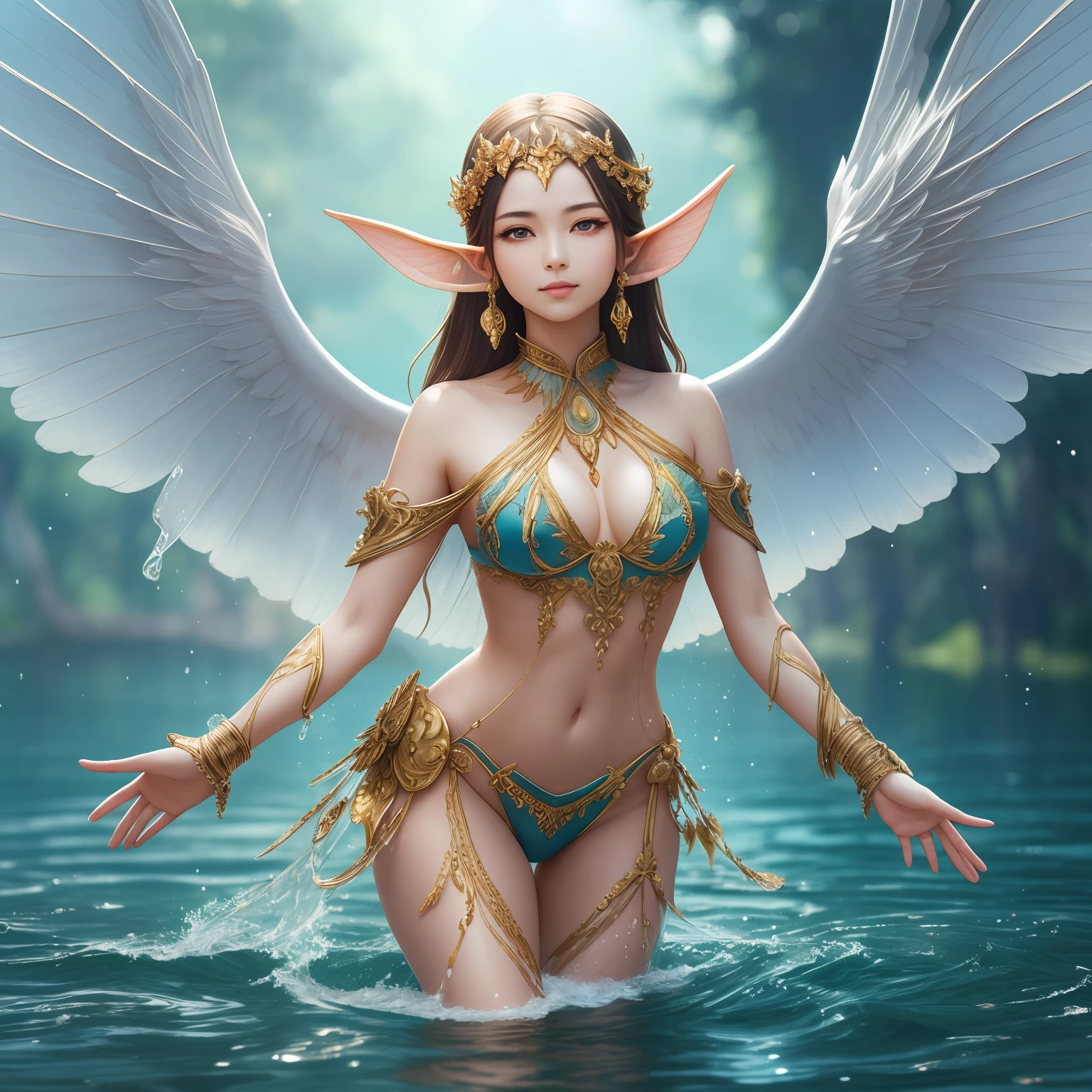 Portrait of a bust, elf, (best quality, 8K, masterpiece: 1.3), petite body, (beautiful and detailed eyes), (super detail), (desktop wallpaper), beautiful face, (detailed face), clear facial features, human ears, ray luminescence, optical, panoramic illumination, atmospheric perspective, dawn, anti-aliasing: 5D, light painting, color, perfect body beauty: 1.4 , huge wings, symmetrical transparent wings, stunning details, (dynamic pose), bathing in lake water, , gentle sunshine, Light water mist