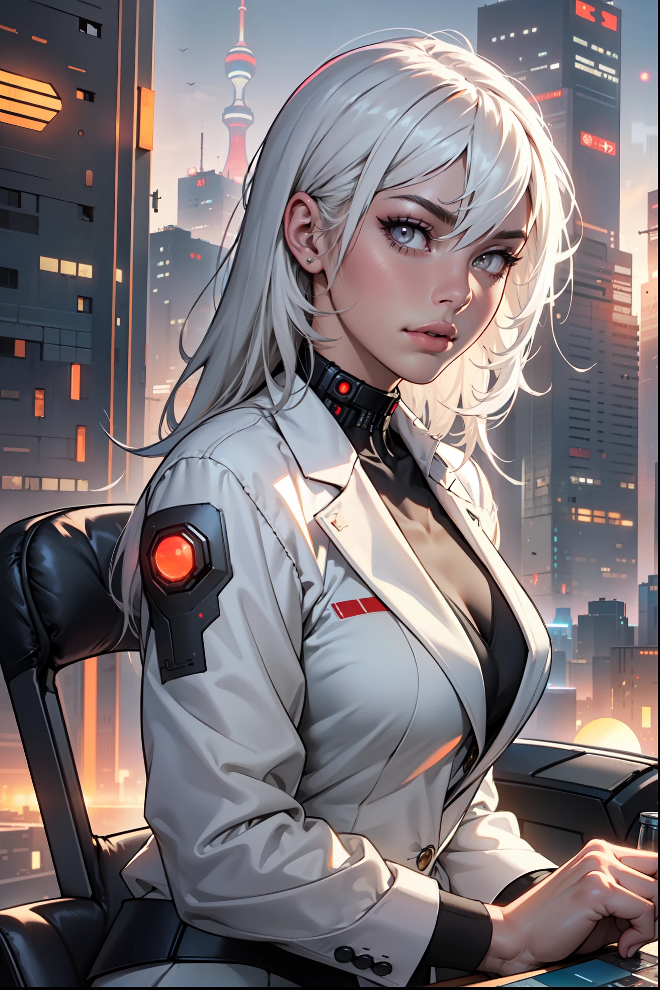 (masterpiece:1.3), (8k, photorealistic, RAW photo, best quality: 1.4), (1girl), beautiful face, (realistic face), Nice hairstyle,Realistic Eyes,Nice detail eyes,(Realistic Skin),Beautiful Skin,Ridiculous,attractive,Ultra high Resolution,an ultra realistic,RAWExtremely detailed,golden proportions, Woman wearing business outfit, white formal blazer, white blouse, white high waist business skirt, beautiful, masterpiece, best quality, perfect lighting, (white hair:1.4), long hair, (grey eyes:1.2), slender build, thin, medium breasts, business woman, ceo of small arms and aerospace centered mega corporation, sitting in luxurious black office chair, giant modern window with view of dusk cyberpunk city skyline in background, torso shot, dusk, (cyberpunk city background:1.3), (Hazy sky:1.2), (Dim red sun:1.3), eyelashes, dark eyeliner, cyberpunk, older, sleek modern-futuristic office