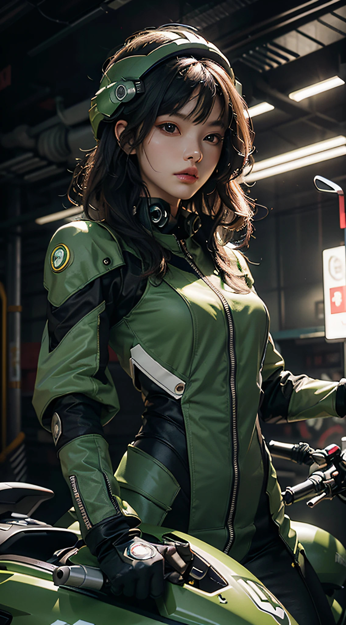 Highest image quality, outstanding details, ultra-high resolution, (realism: 1.4), the best illustration, favor details, highly condensed 1girl, with a delicate and beautiful face, dressed in a black and green mecha, wearing a mecha helmet, holding a directional controller, riding on a motorcycle, the background is a high-tech lighting scene of the future city.