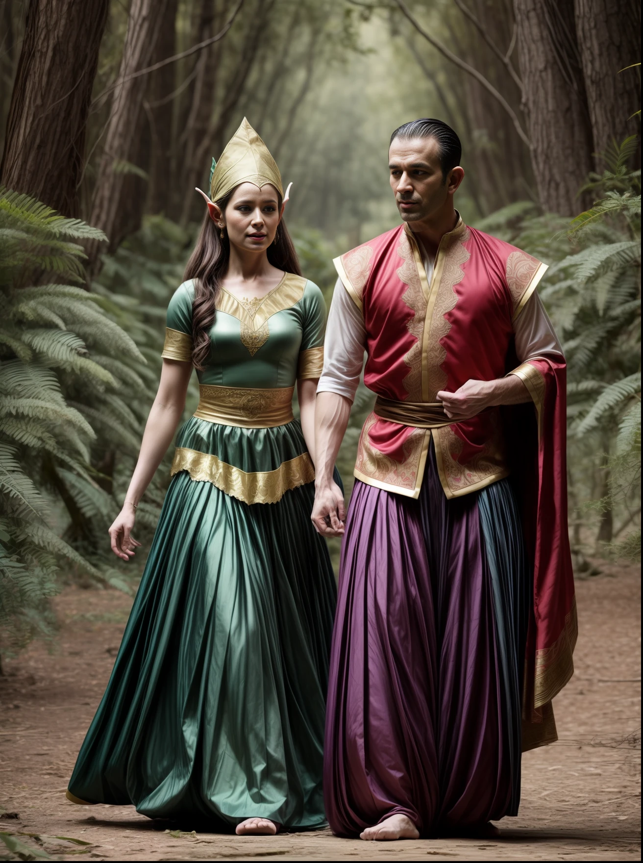 **Elven man and woman in costume perform a traditional dance, in the style of mythic storytelling, yigal ozeri, frederick mccubbin, dark green and magenta, karen wallis, kushan empire, craftcore