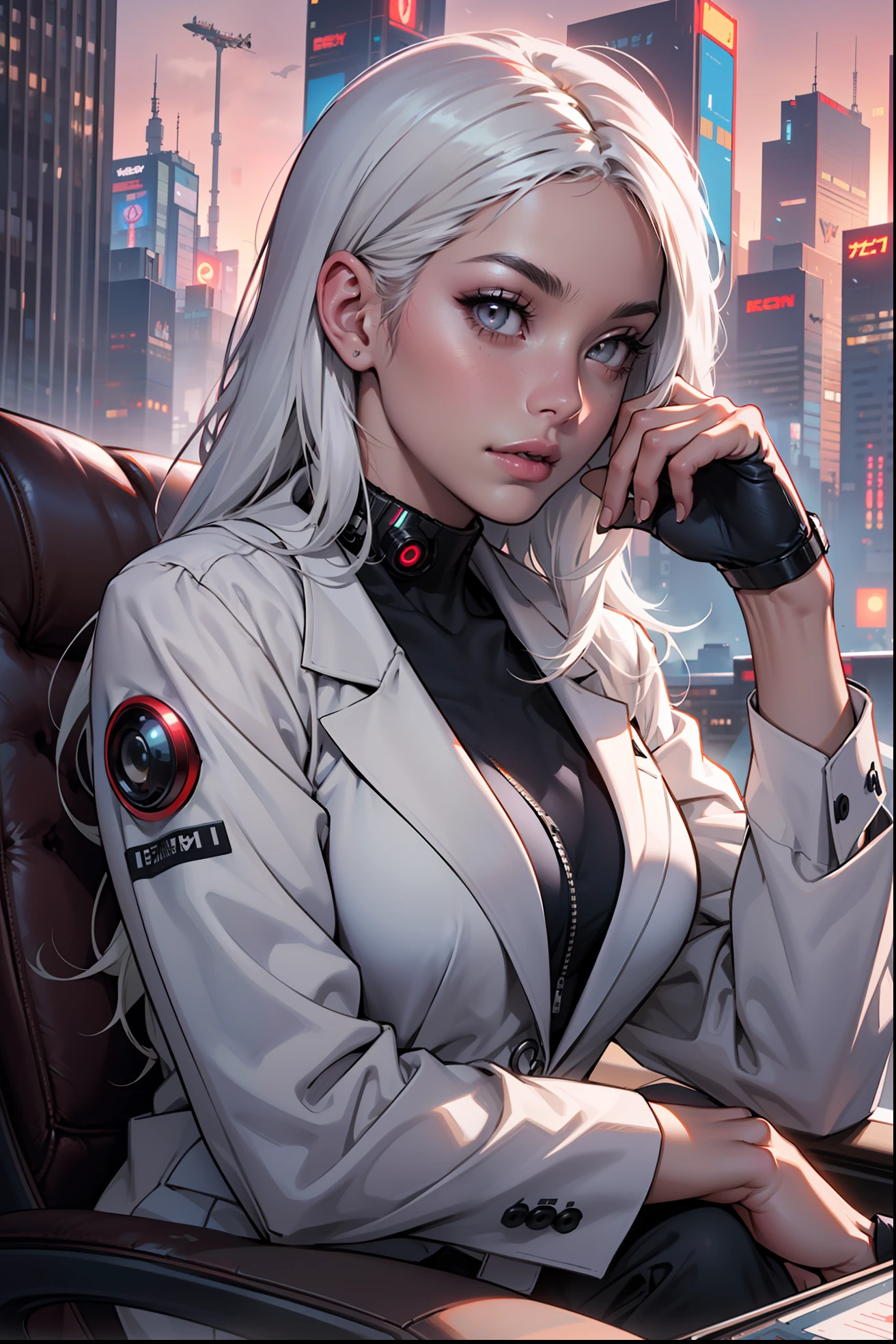 (masterpiece:1.3), (8k, photorealistic, RAW photo, best quality: 1.4), (1girl), beautiful face, (realistic face), Nice hairstyle，Realistic Eyes，Nice detail eyes，（Realistic Skin），Beautiful Skin，Ridiculous，attractive，Ultra high Resolution，an ultra realistic，RAWExtremely detailed，golden proportions, Woman wearing business outfit, white formal blazer, white blouse, white high waist business skirt, beautiful, masterpiece, best quality, perfect lighting, (white hair:1.4), long hair, (grey eyes:1.2), slender build, thin, medium breasts, business woman, ceo of small arms and aerospace centered mega corporation, sitting in luxurious black office chair, giant modern window with view of dusk cyberpunk city skyline in background, torso shot, dusk, (cyberpunk city background:1.3), (Hazy sky:1.2), (Dim red sun:1.3), eyelashes, dark eyeliner, cyberpunk, older, sleek modern-futuristic office