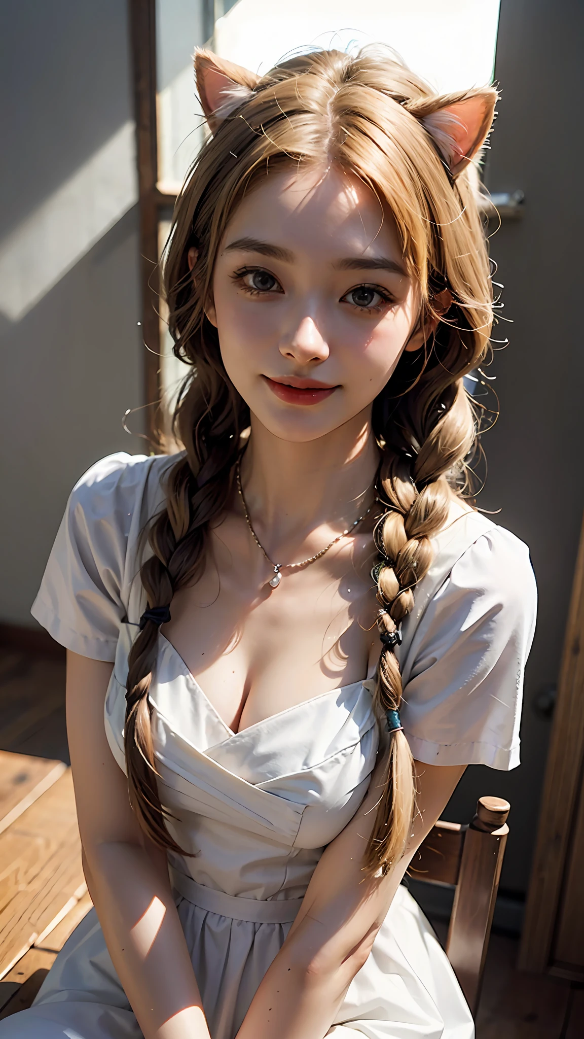 blonde hair, long hair, twin braids, jewelry, maid headdress, heart-shaped eyes, cat ears, light smile, bright pupils, Surrealism, sparkle, vignetting, god rays, cinematic lighting, depth of field, viewfinder, viewfinder, from above, atmospheric perspective, UHD, retina, masterpiece, 1080P, best quality, high quality, (realistic:1.6)