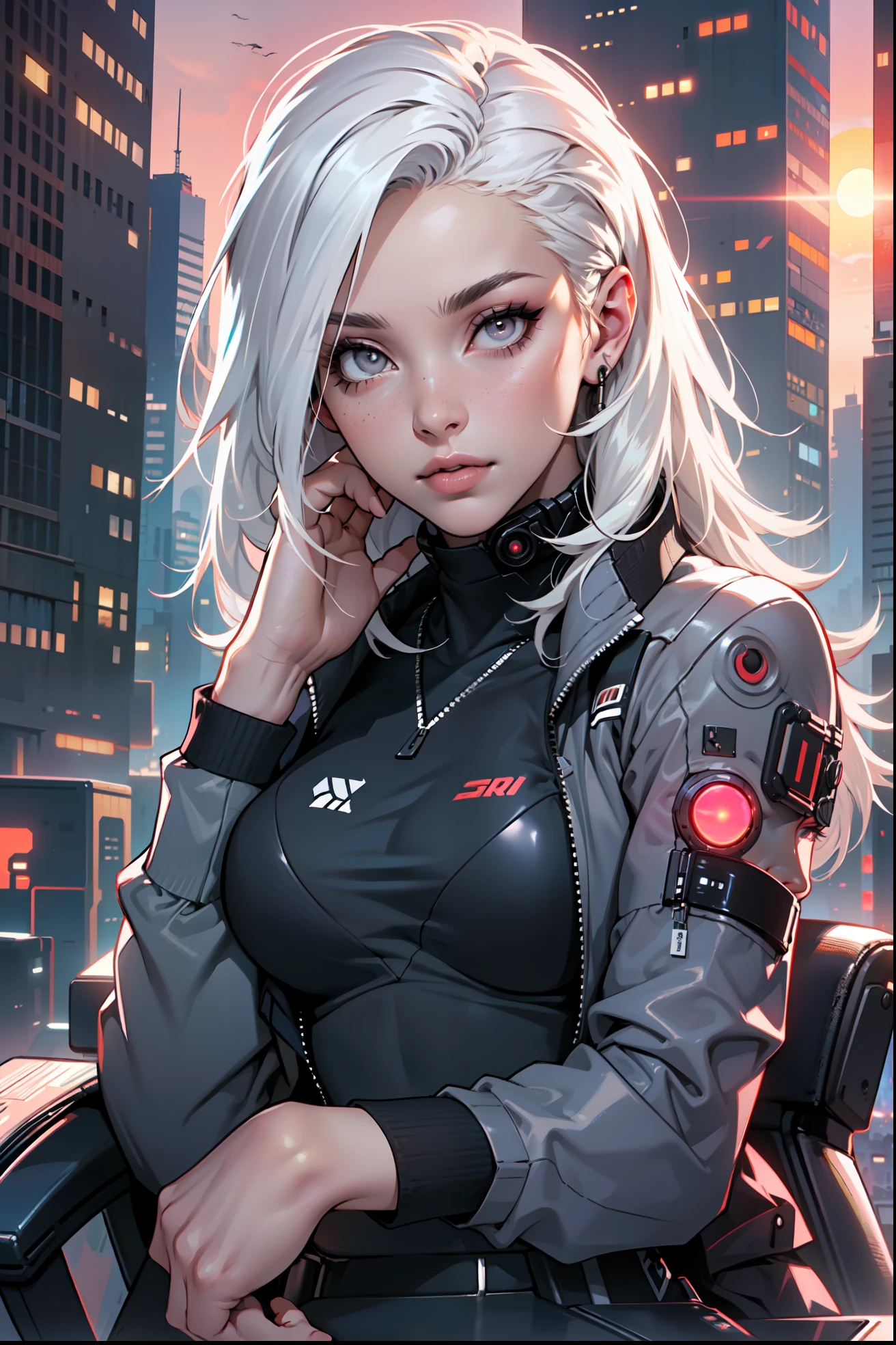 (masterpiece:1.3), (8k, photorealistic, RAW photo, best quality: 1.4), (1girl), beautiful face, (realistic face), Nice hairstyle,Realistic Eyes,Nice detail eyes,(Realistic Skin),Beautiful Skin,Ridiculous,attractive,Ultra high Resolution,an ultra realistic,RAWExtremely detailed,golden proportions, Woman wearing business outfit, white formal blazer, white blouse, white high waist business skirt, beautiful, masterpiece, best quality, perfect lighting, (white hair:1.4), long hair, (grey eyes:1.2), slender build, thin, medium breasts, business woman, ceo of small arms and aerospace centered mega corporation, sitting in luxurious black office chair, giant modern window with view of dusk cyberpunk city skyline in background, torso shot, dusk, (cyberpunk city background:1.3), (Hazy sky:1.2), (Dim red sun:1.3), eyelashes, dark eyeliner, cyberpunk, older, sleek modern-futuristic office