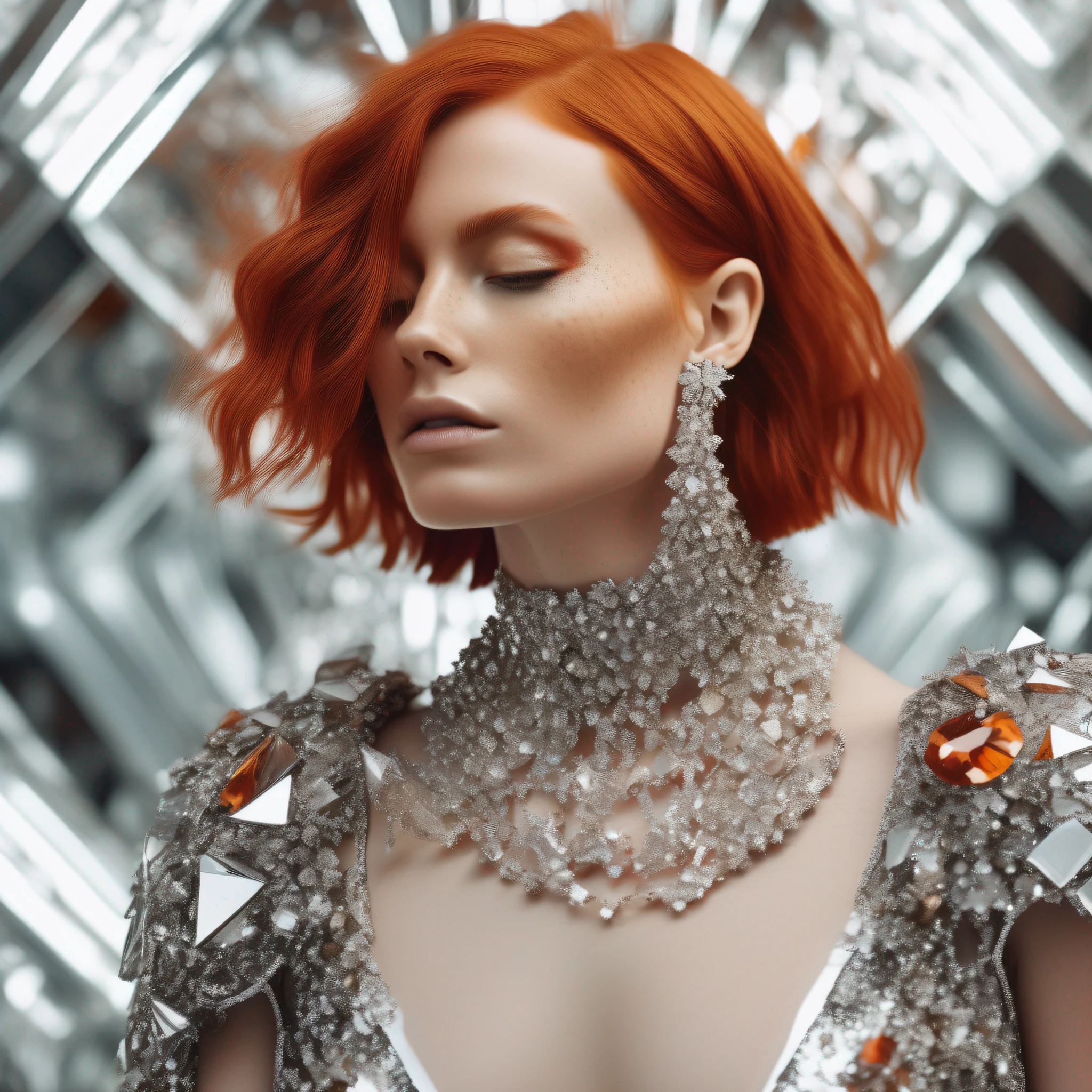 a woman with red hair and a large set of, in the style of sterling silver highlights, made of crystals, celebrity photography, fashwave, amber, pigeoncore, dau al set