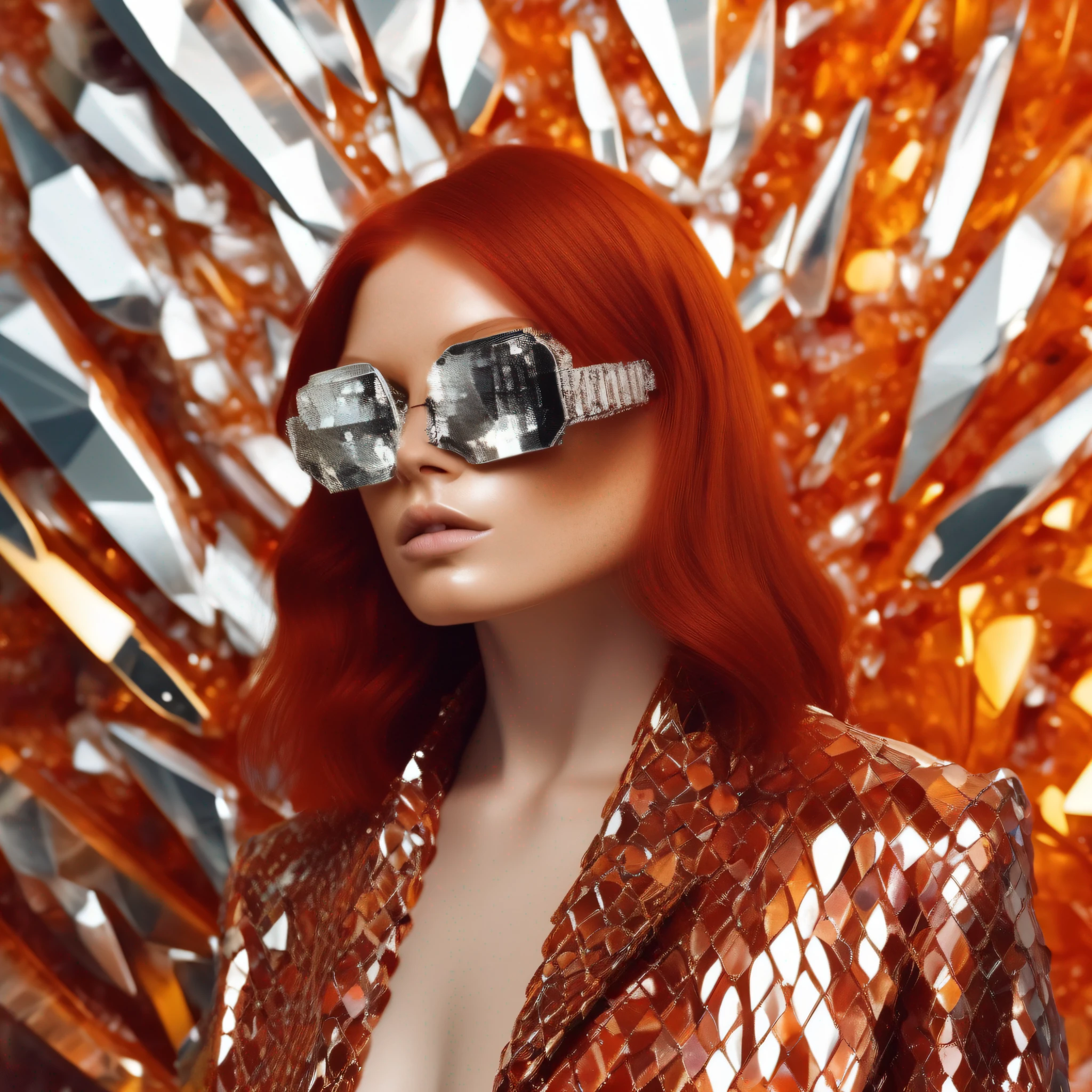 a woman with red hair and a large set of, in the style of sterling silver highlights, made of crystals, celebrity photography, fashwave, amber, pigeoncore, dau al set