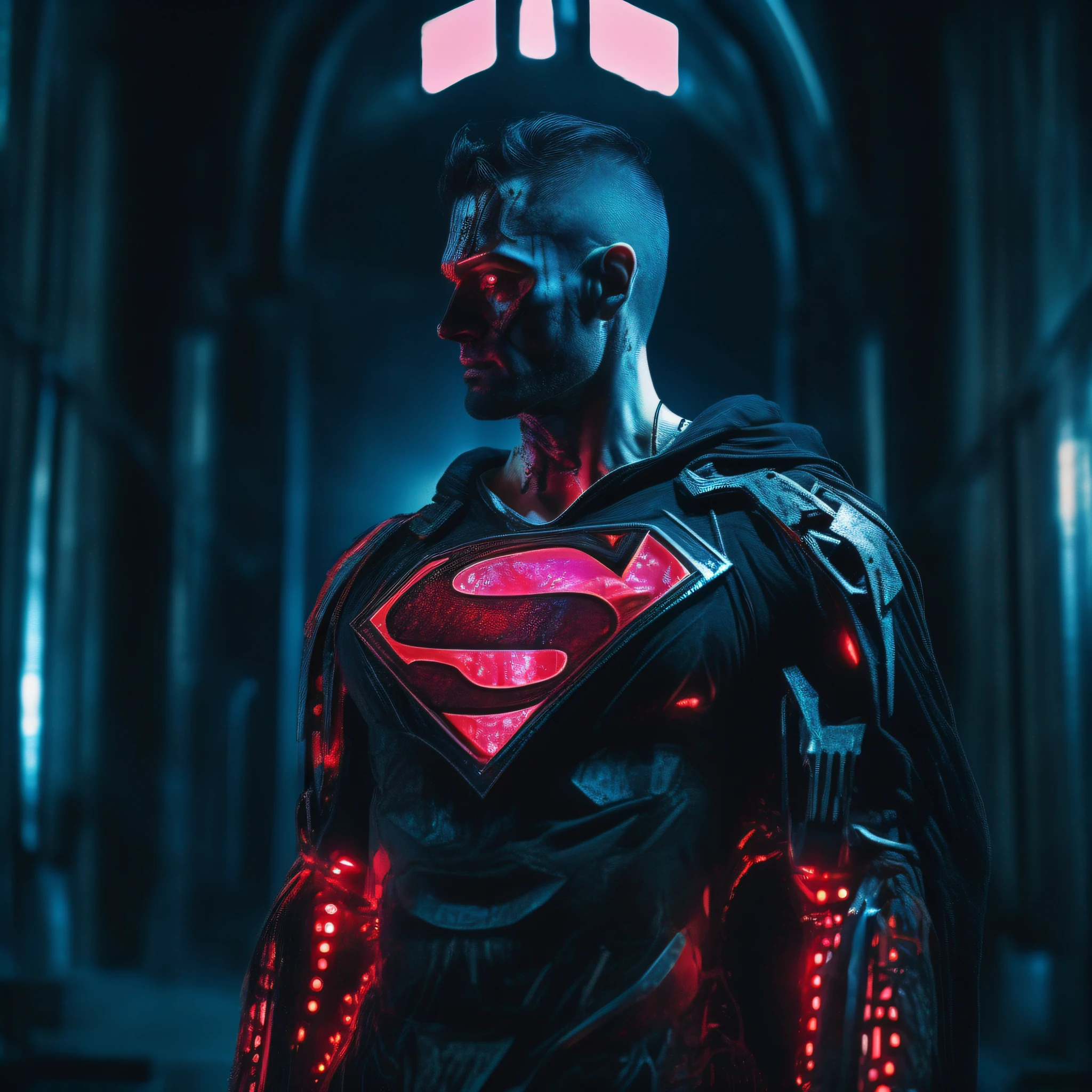 Grim portrait of Marvel's Bloody Superman with intricate angular cybernetic implants inside a brutalist building, gothic brutalist cathedral, cyberpunk, award-winning photo, bokeh, neon lights, cybernetic limb