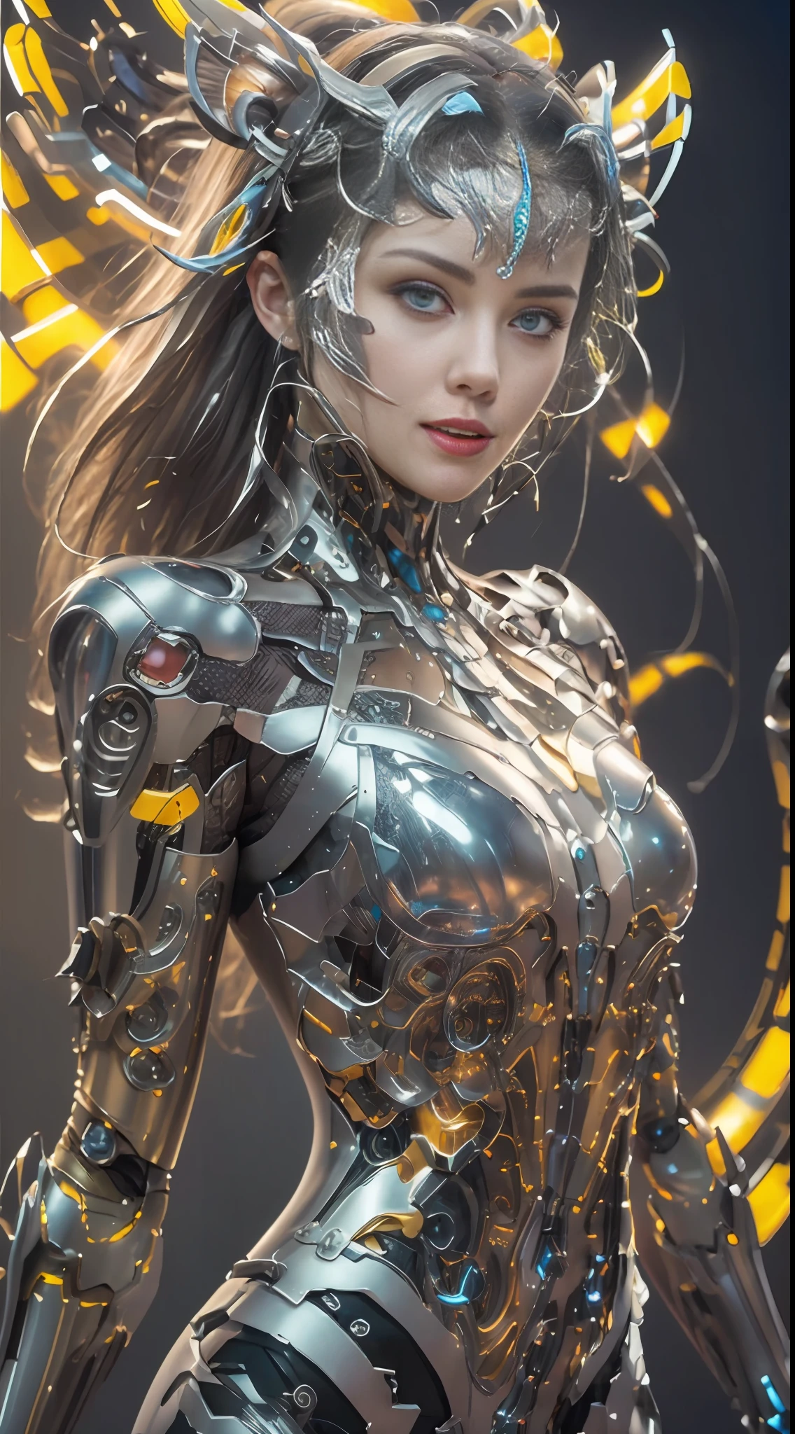 Masterpiece, best quality, super detailed, very detailed illustrations, very detailed, intricate details, high resolution, super complex details, very detailed 8k cg wallpaper, 50MM lens, caustics, reflections, ray tracing, nebulae, dark halos, network effects, (1girl:1.4), solo, alone, mecha musume, mechanical parts, robot joints, single mechanical arm, headgear, mechanical halo, star halo, electric mechanical bodysuit, mecha corset, kimono, full armor, very long hair, white hair, hair between eyes, multicolored hair, blue eyes, glowing eyes, random expression, random action, ancient chinese architecture, starry sky, skyline,