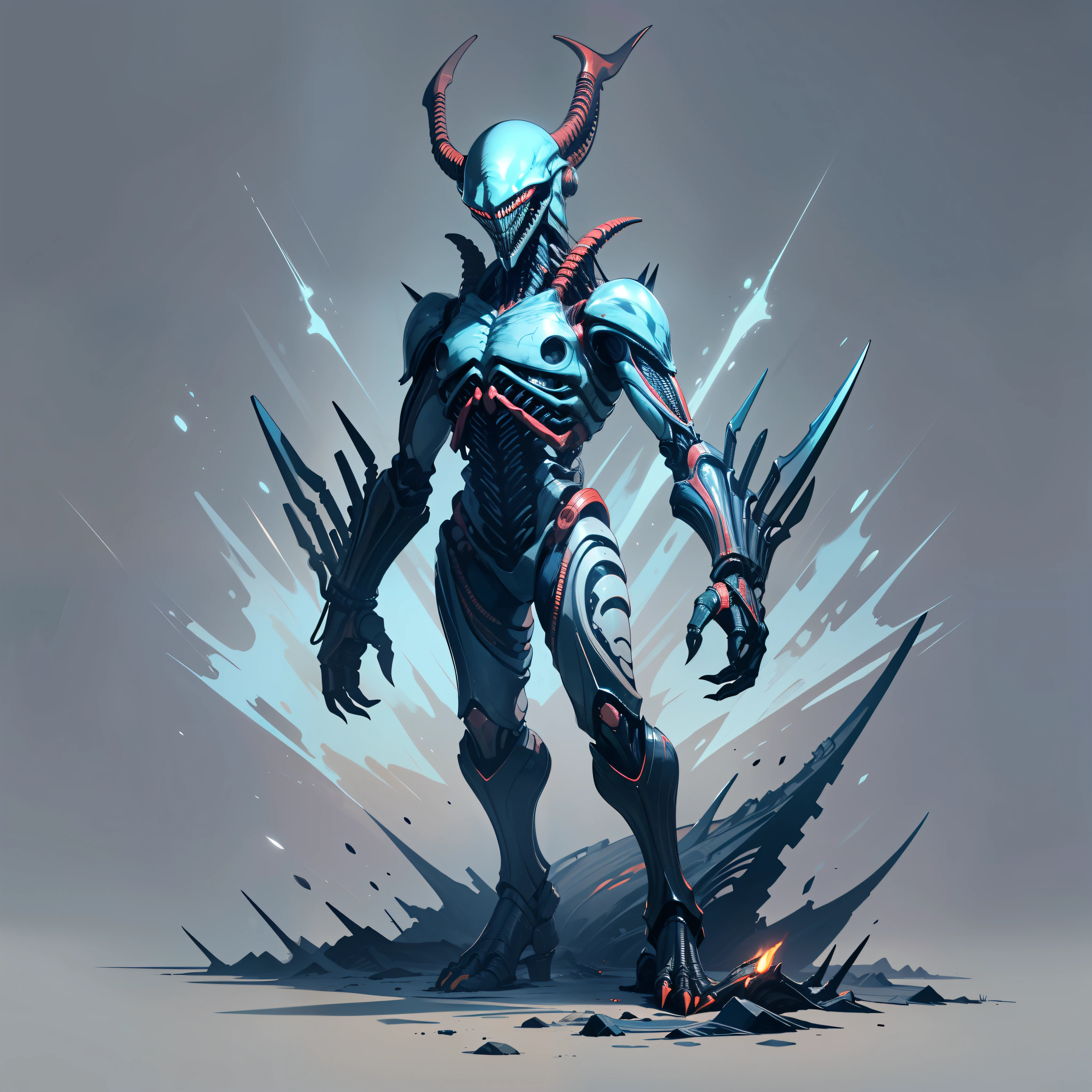 3-meter humanoid alien, slender and sturdy body, elongated arms and legs, three-toed hands and feet with large and long sharp claws, black and white body, head with pointed deer horns, no eyes, huge open jaw full of sharp teeth, biomechanical appearance, blue electricity emanating from his body, imposing appearance