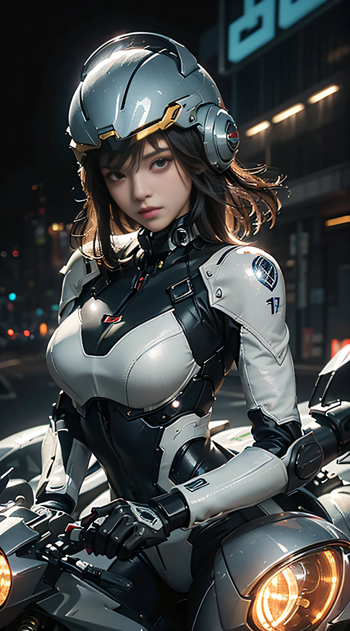 Highest quality, outstanding details, ultra-high resolution, (fidelity: 1.4), the best illustration, favor details, highly condensed 1girl, with a delicate and beautiful face, dressed in a mecha, wearing a mecha helmet, holding a directional controller, riding on a motorcycle, the background is a high-tech lighting scene of the future city.