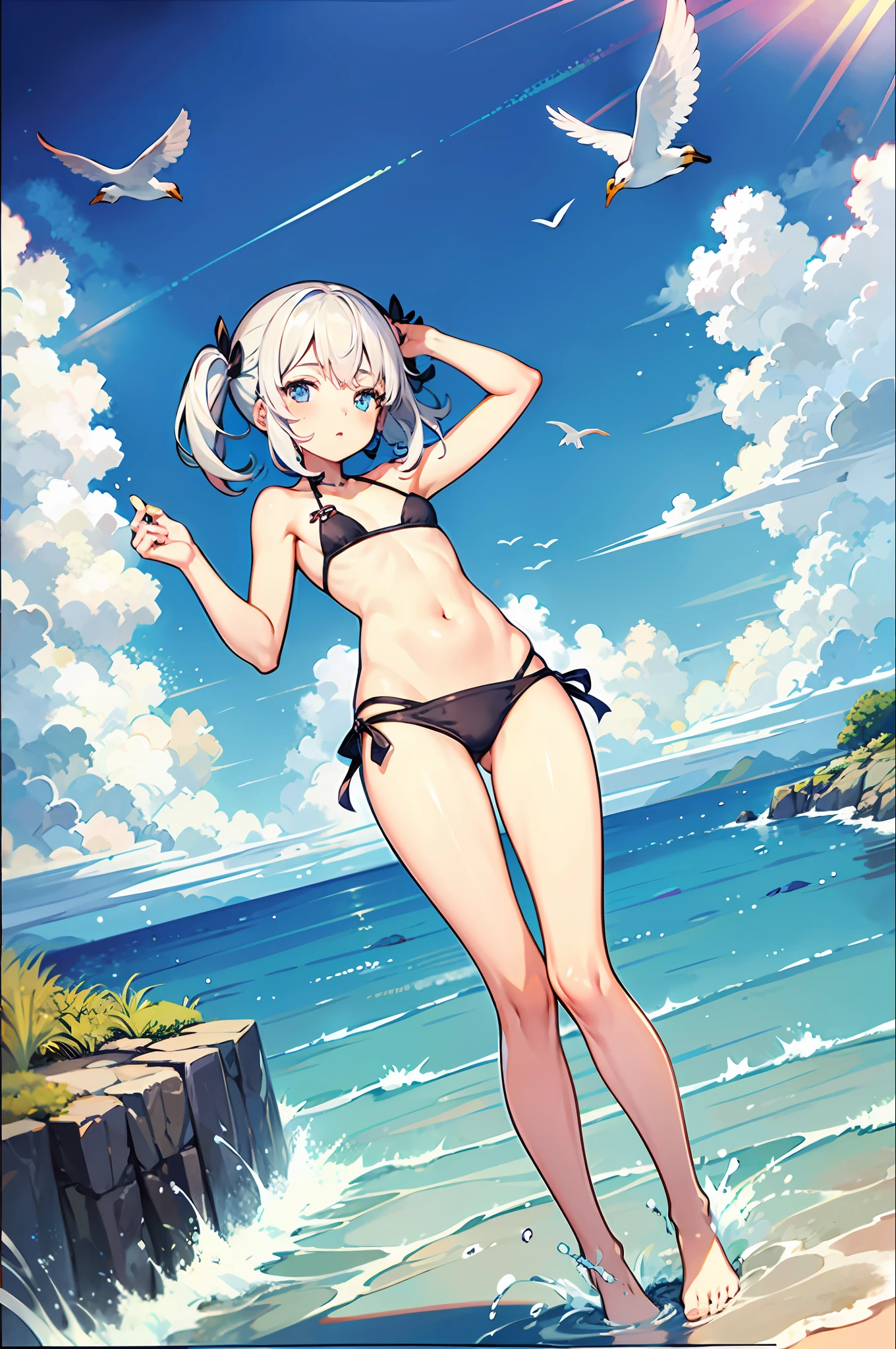 1girl, loli, ocean, , urine, seagull, flat , white hair, high quality, high resolution, dull hair, blue eyes