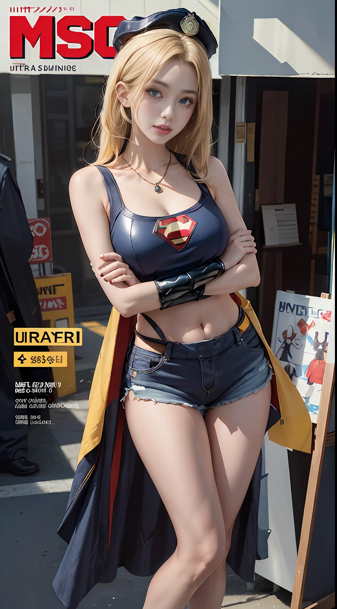 ((((best quality))), (((ultra detailed))), (((masterpiece))), illustration,(Magazine cover style illustration of a trendy blonde woman with a vibrant outfit with superman's letter S on her chest), posing in front of a colorful and dynamic background. She has a confident expression and is holding a statement accessory, The text on the cover should be bold and attention-grabbing, with the magazine title and a catchy headline. The overall style should be modern and modern, with a focus on fashion and lifestyle),
wallpaper, crowds, fashion, lipstick, ray tracing, depth of field, street, in public, day
1girl, solo, looking at viewer, shiny skin, contrapposto, navel, midriff, necklace, female focus, model, medium breasts, blue eyes, street, in public, police hat, police uniform, handcuffs, short shorts, crossed arms,
legal, transparent, school uniform, jitome,
, underboob, floating hair, sexy, fine fabric emphasis, dynamic pose, negative space: 0.35, realistic: 1.33,