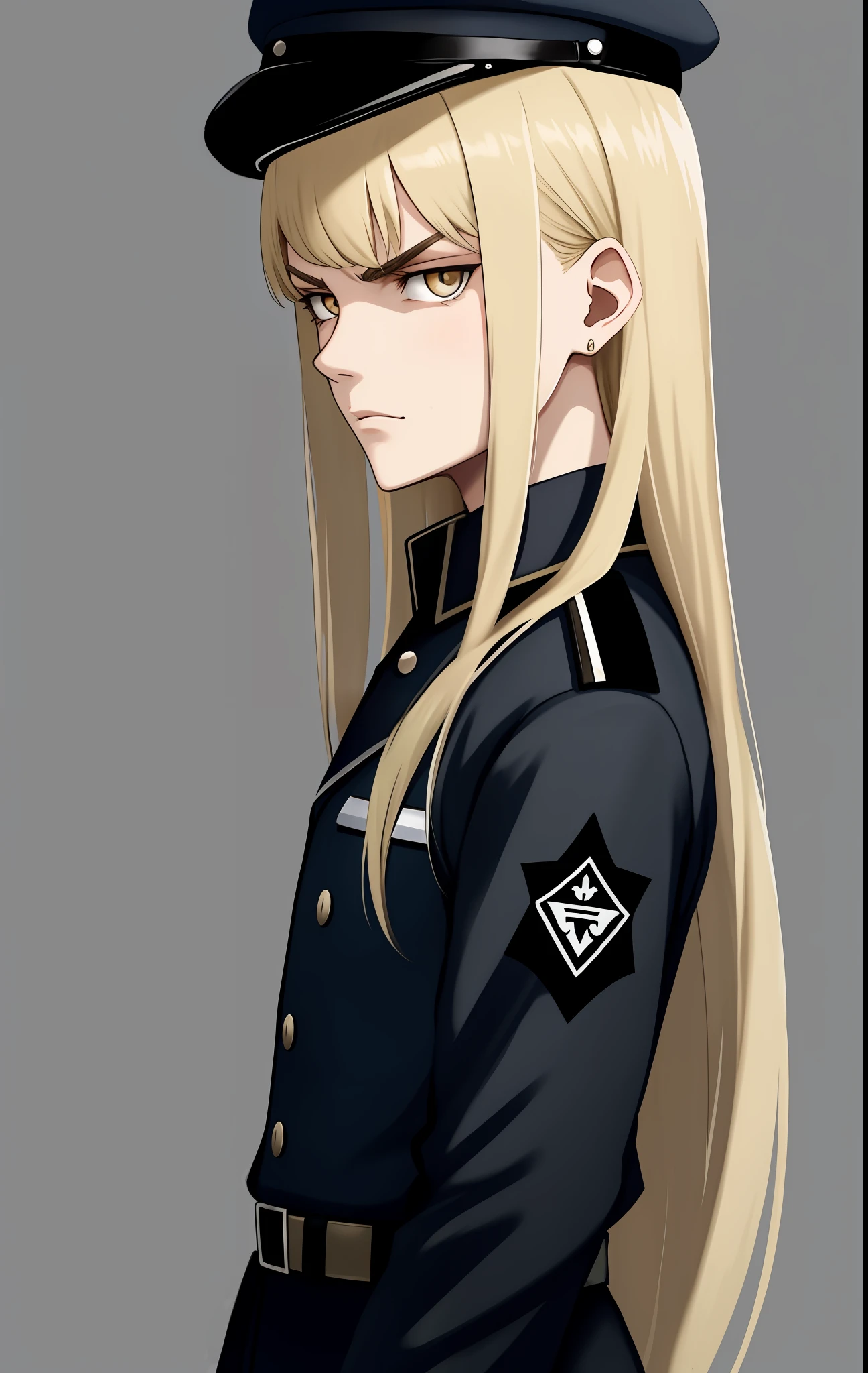 Young long blonde hair, Black Schutzstaffel uniforms, man, with bangs, evil look
