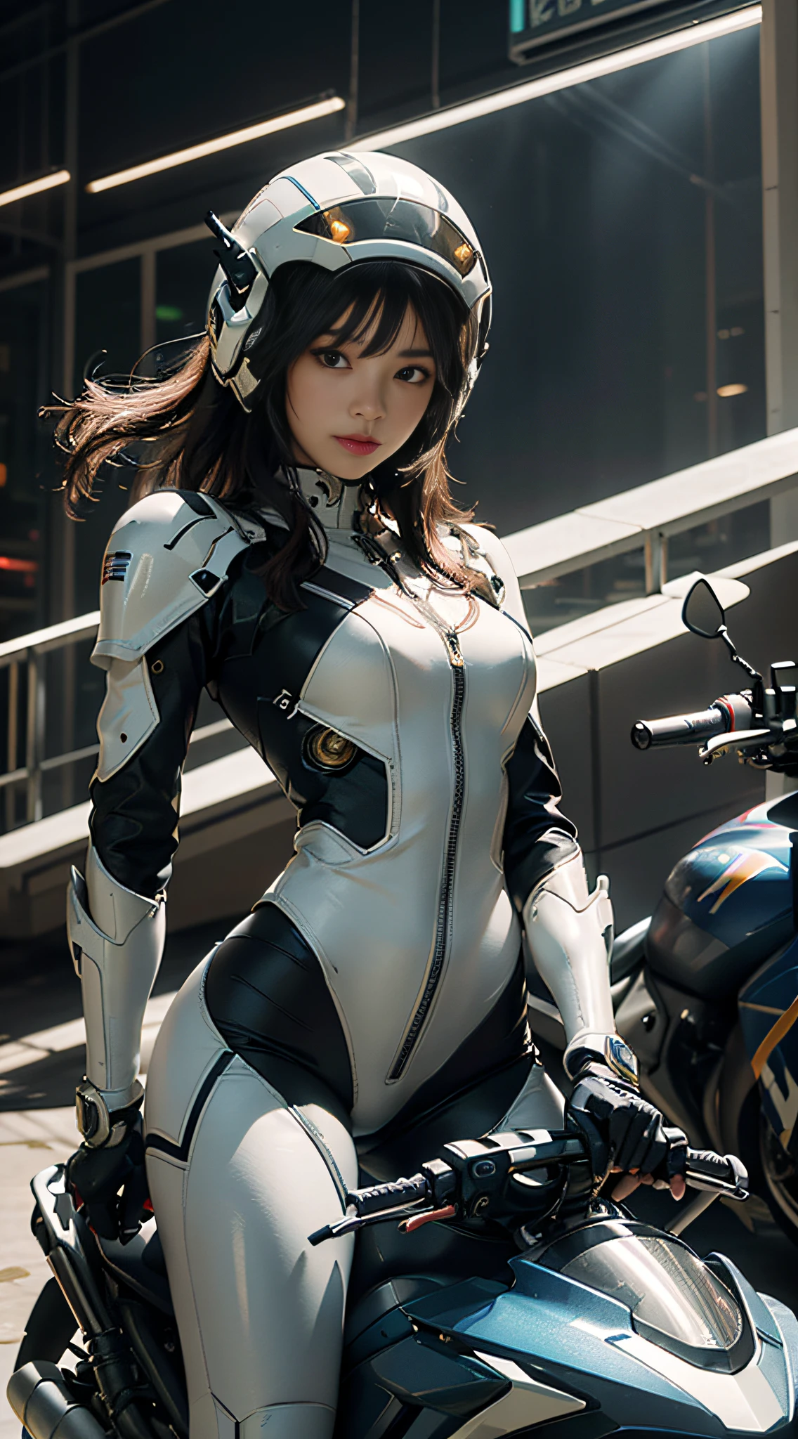 Highest quality, outstanding details, ultra-high resolution, (fidelity: 1.4), the best illustration, favor details, highly condensed 1girl, with a delicate and beautiful face, dressed in a mecha, wearing a mecha helmet, holding a directional controller, riding on a motorcycle, the background is a high-tech lighting scene of the future city.