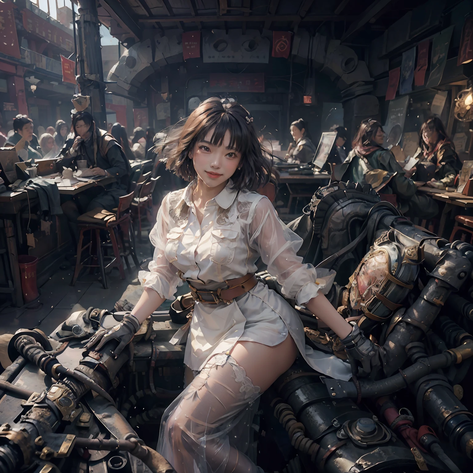 (8k, best quality, masterpiece: 1.2), (realistic, photorealistic: 1.37), ultra-detailed, 1 girl, evening, sitting, dating, (nose blushing), (smile: 1.15), (laughing) small breasts, (fantasy breasts), beautiful delicate eyes, (collared shirt: 1.1), (short hair: 1.2), floating hair, open, whole body mechanical, lower body open, micro-damage, whole body skin transparent, internal structure can be seen, ovaries unobstructed, black hair, network, future --auto