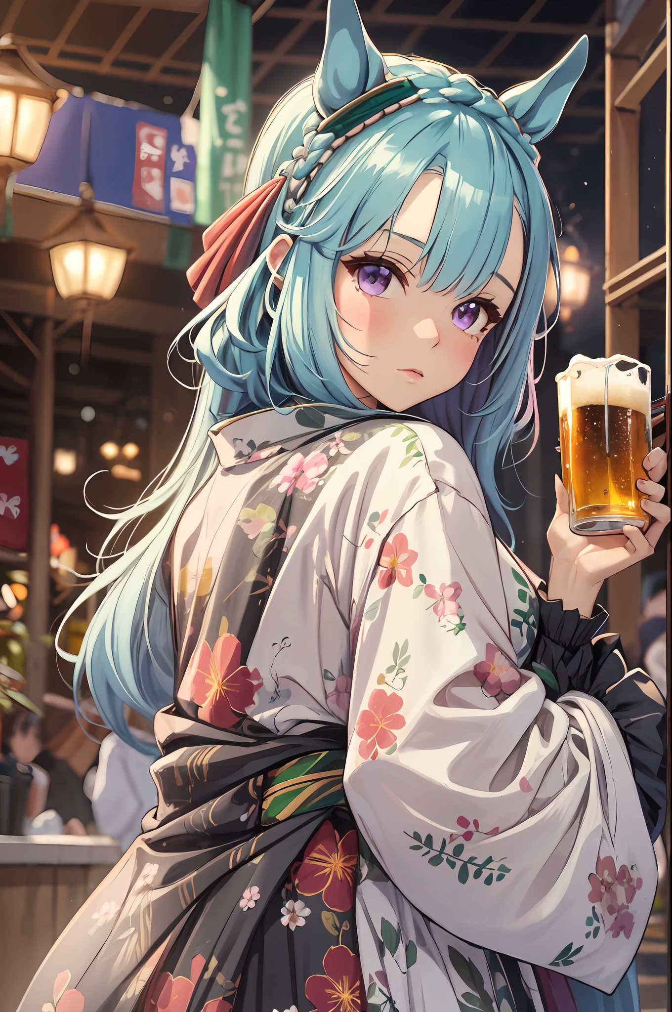 best quality,masterpiece, high res, beautiful detailed eyes,ultra-detailed, mejiro ardan \(umamusume\), ear ornament,horse ears, horse tail, bewitching poses, full body wide angle, blush, woman holding beer glass, green and white floral kimono, festival,