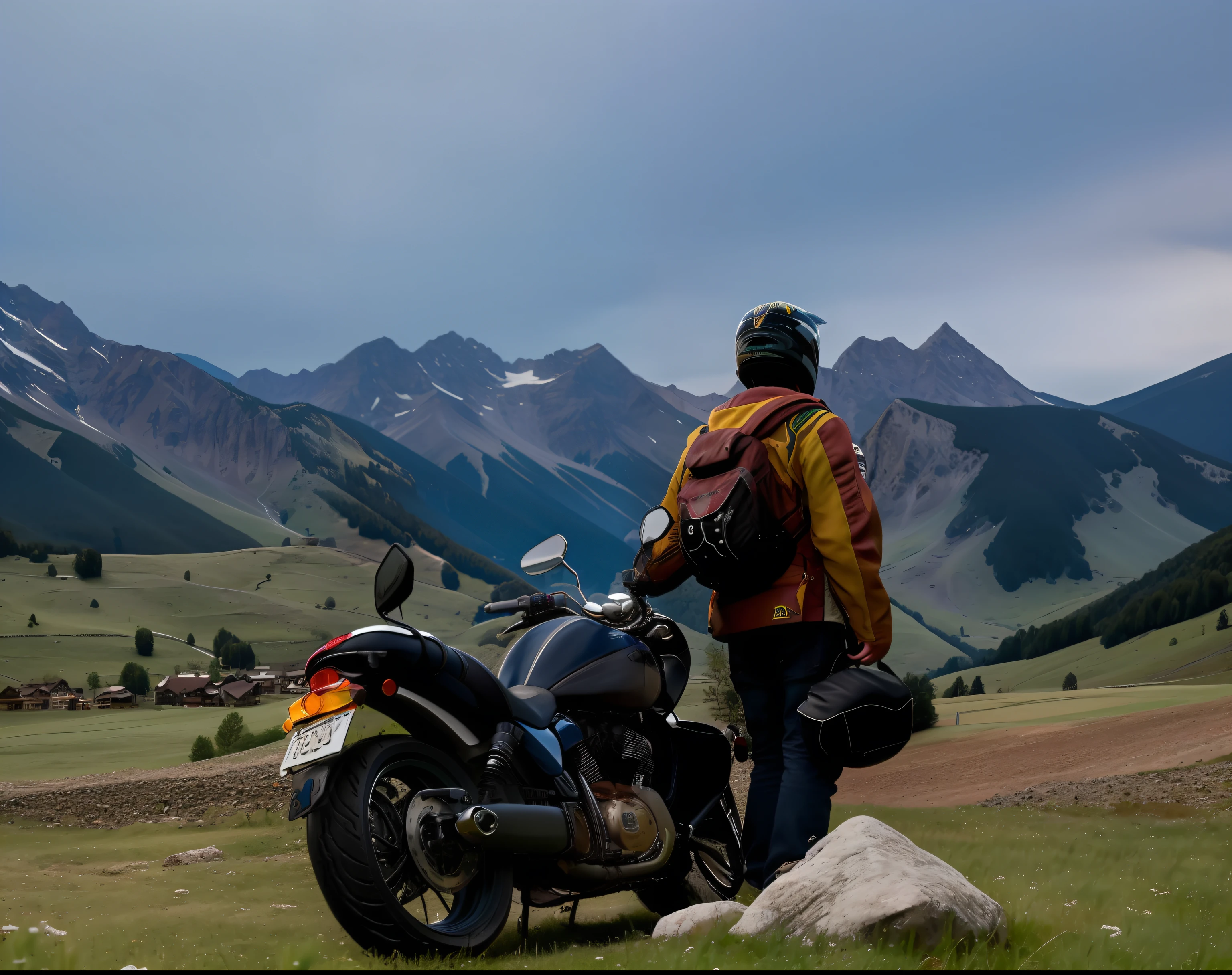 there is a man standing next to a motorcycle in a field, epic mountains in the background, looking at the mountains, with mountains in the background, with mountains in background, mountains in the background, cinematic silk road lanscape, with mountains in the distance, moutain in background, with mountains as background, motorbiker, mountain in the background, lonely rider