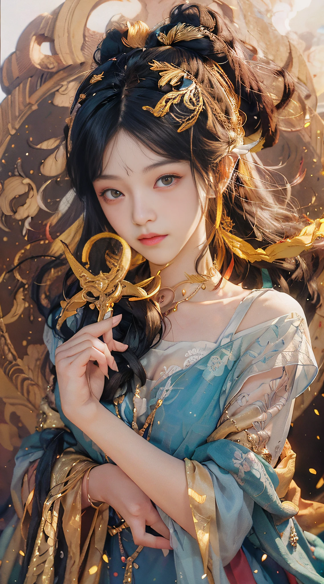 (((White Cloud Background))), (((High Saturation))), ((Surrounded by Color Splashes))) (RAW Photo, Best Quality), (Realistic, Photo Realistic: 1.3), Best Quality, Highly Detailed, Masterpiece, Ultra Detail, Illustration, (1girl: 1.3), (8K, Original Photo, Best Quality, Masterplece), (Photon Mapping, Radiometry, Physically Based Rendering, Auto White Balance), Ultra Detail, Beautiful and Aesthetic, Beautiful, Masterpiece, Best Quality, (zentangle, mandala, tangles, entanglements), holy light, gold leaf, gold leaf art, flash diagram, perfectNwsjMajic