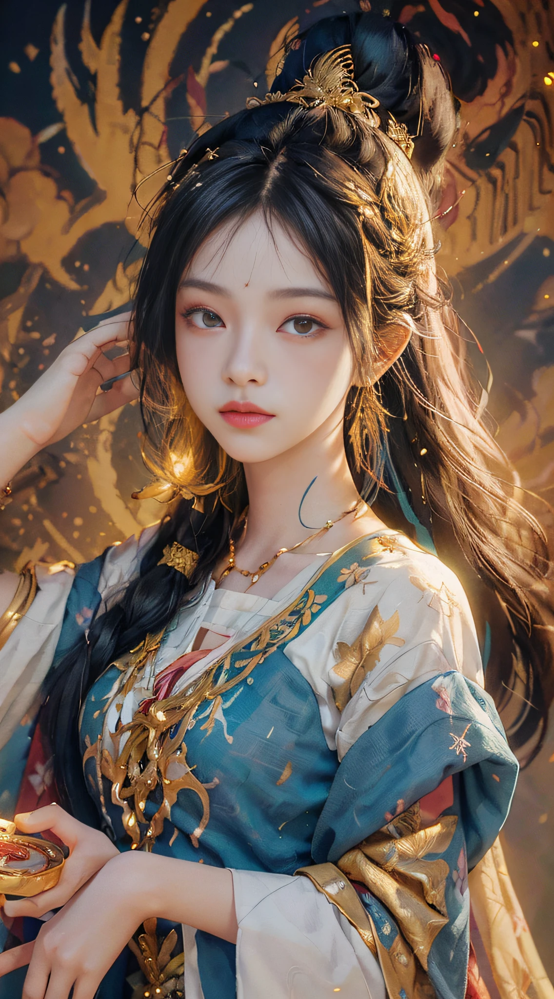 (((White Cloud Background))), (((High Saturation))), ((Surrounded by Color Splashes))) (RAW Photo, Best Quality), (Realistic, Photo Realistic: 1.3), Best Quality, Highly Detailed, Masterpiece, Ultra Detail, Illustration, (1girl: 1.3), (8K, Original Photo, Best Quality, Masterplece), (Photon Mapping, Radiometry, Physically Based Rendering, Auto White Balance), Ultra Detail, Beautiful and Aesthetic, Beautiful, Masterpiece, Best Quality, (zentangle, mandala, tangles, entanglements), holy light, gold leaf, gold leaf art, flash diagram, perfectNwsjMajic