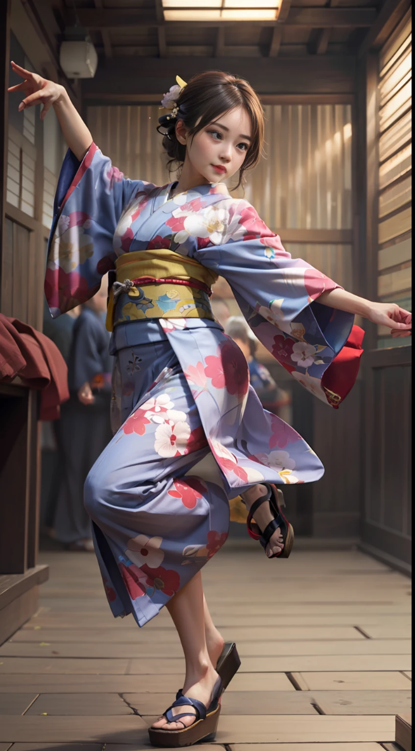 masterpiece, Highly detailed, super realistic, 4k, 8k, detailed background, detailed face,
(A girl in kimono),(dancing),