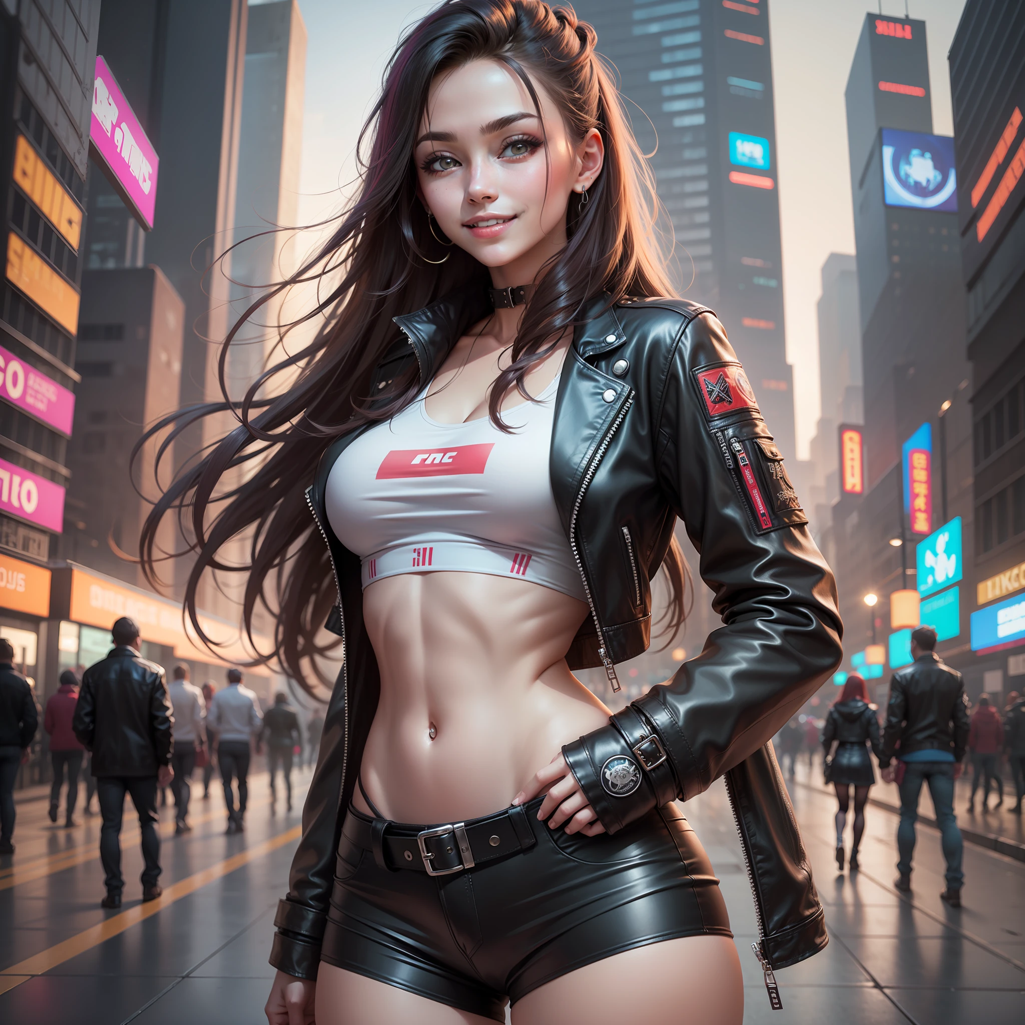 Cyberpunk Girl Leather Jacket Smile Future World Leather Pants Best Quality Masterpiece Ultra High Definition Long Hair Beautiful Girl