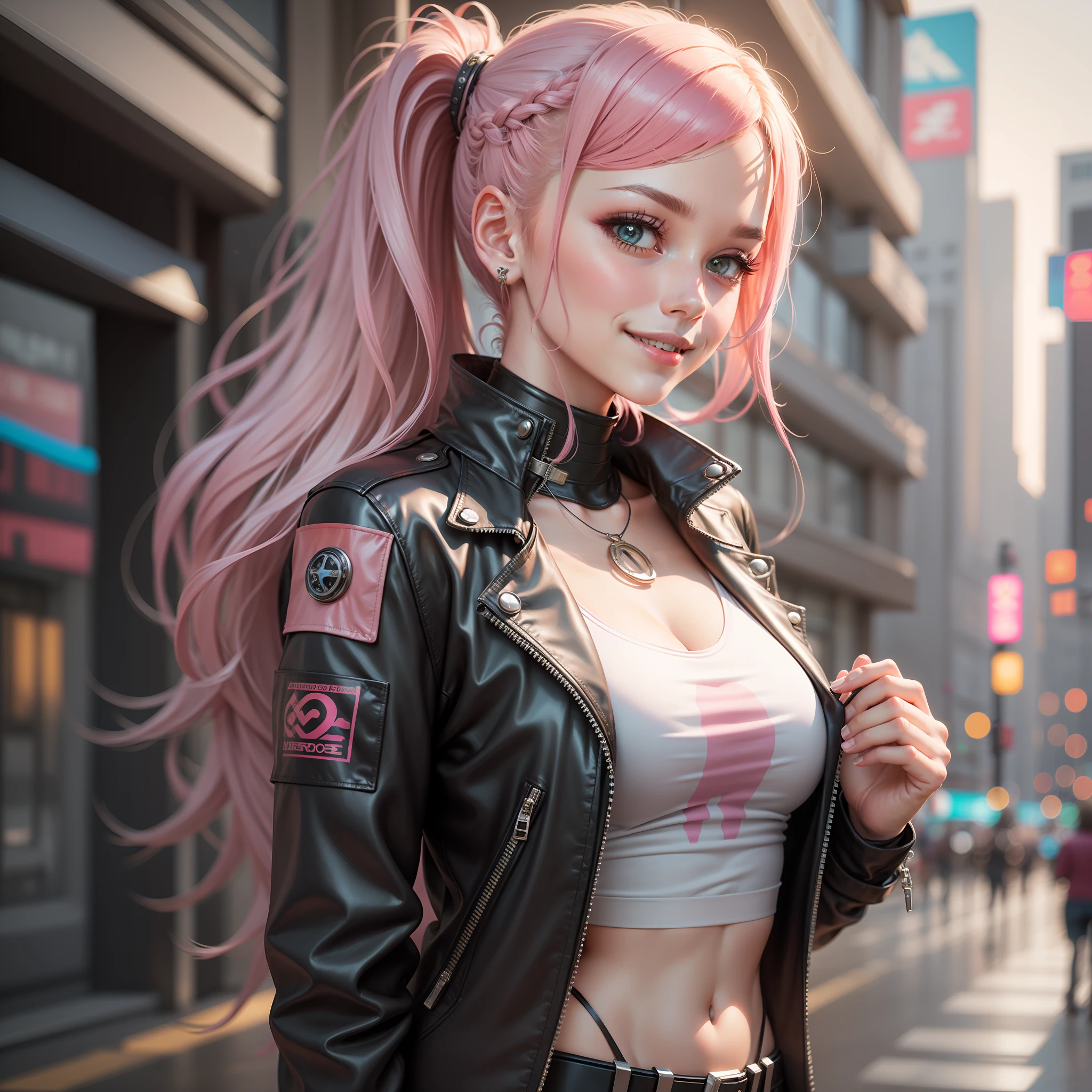 Cyberpunk Girl Leather Jacket Smile Pink Hair Futuristic World Leather Pants Best Quality Masterpiece Super High Definition Long Hair Beautiful Girl