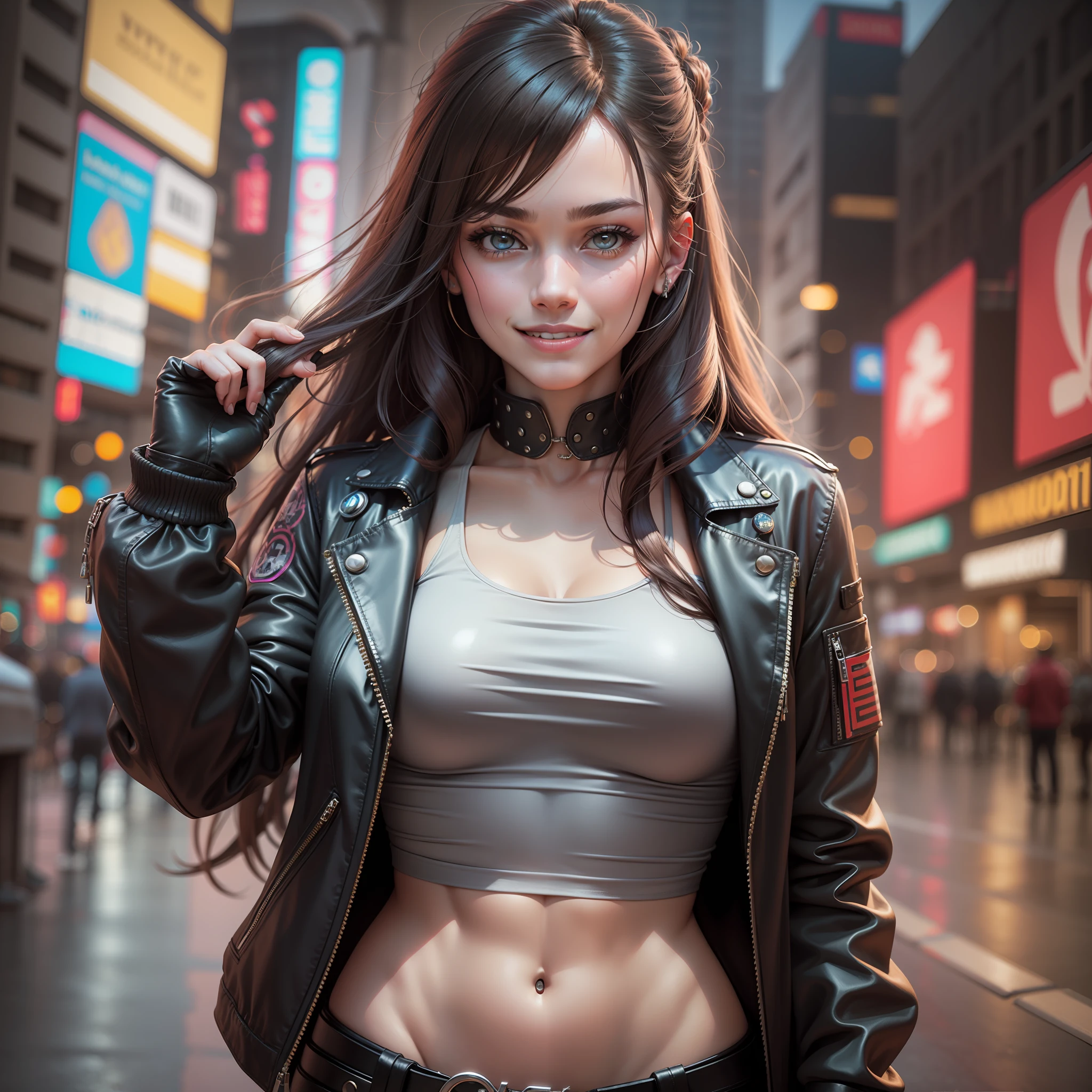 Cyberpunk Girl Leather Jacket Smile Future World Leather Pants Best Quality Masterpiece Ultra High Definition Long Hair Beautiful Girl
