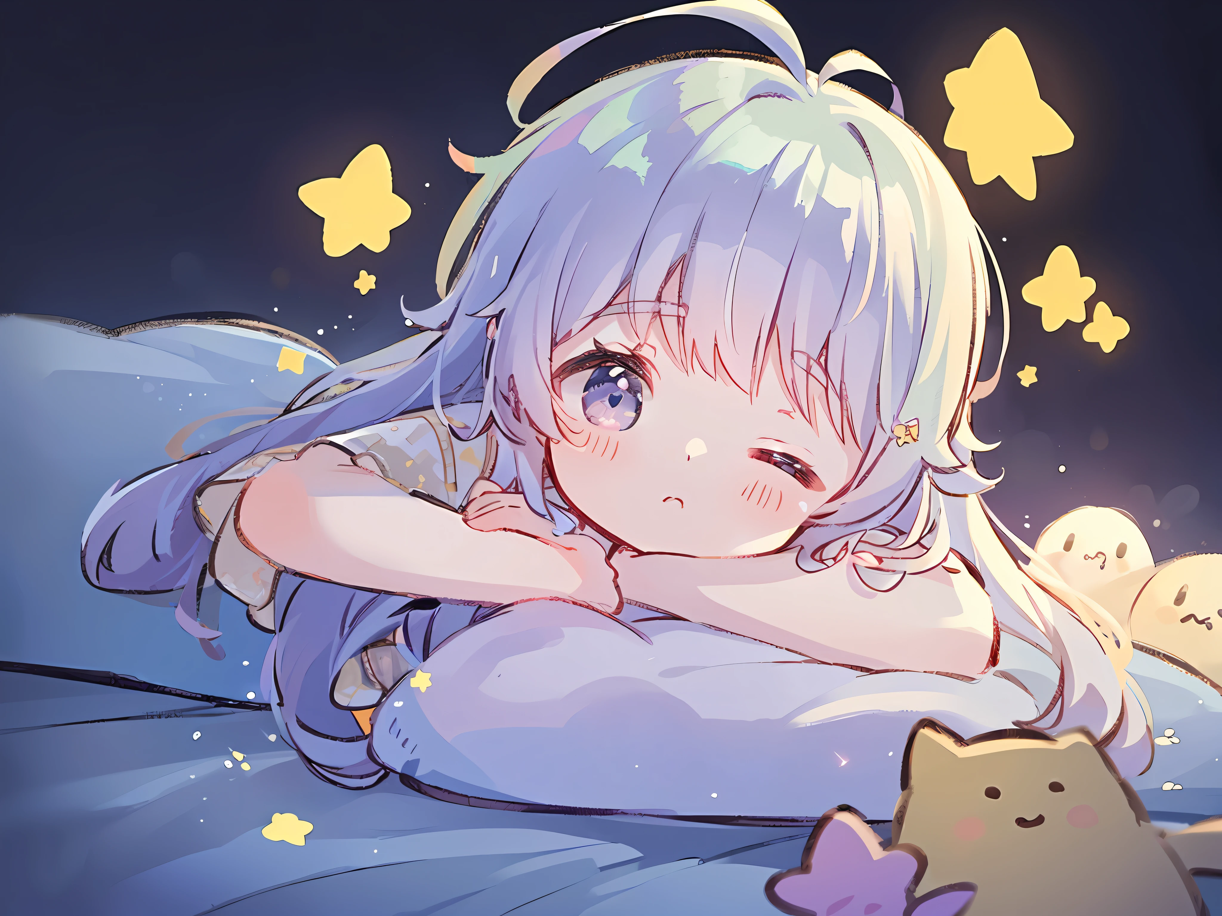 Top Quality, Masterpiece, Ultra High Resolution, Pretty Facial Features, Flat Design, Yellow Themes, Shoshi no Ko, Hoshino Ai, (Sleepy Eyes: 1.1), (Cute Yellow Night Dress), Cute, One Hand on Face, Bedtime, Disheveled Long Hair,
(simple dark background), giant stars shining in the dark, cure, ziyu,