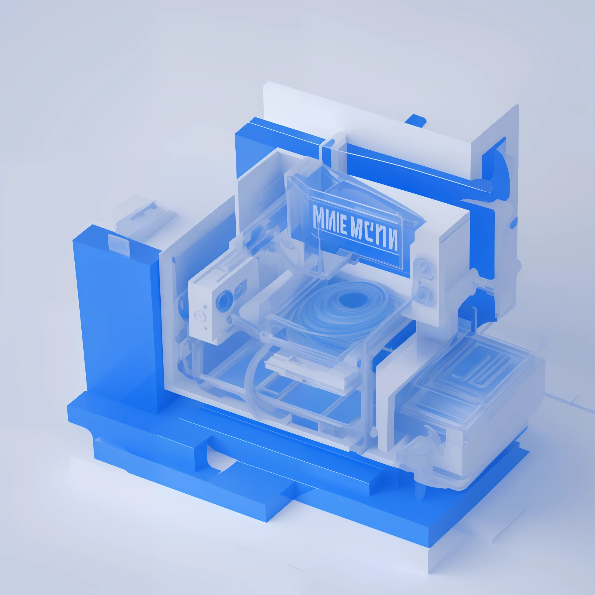(abstract logo:1.2), (3d-print machine:1.1),(blue:1.1,white background),(emphasize highlights)