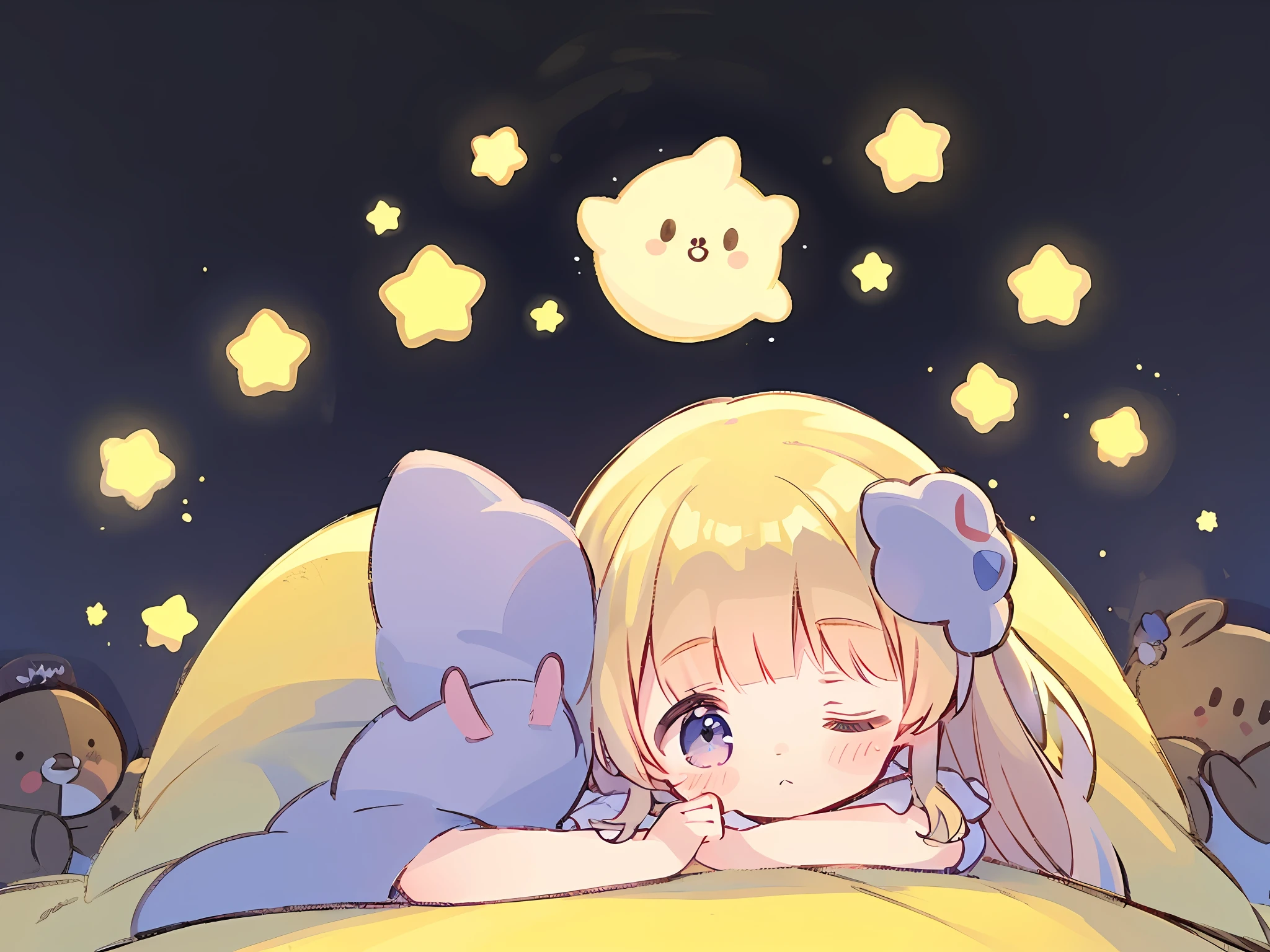 Top Quality, Masterpiece, Ultra High Resolution, Pretty Facial Features, Flat Design, Yellow Themes, Shoshi no Ko, Hoshino Ai, (Sleepy Eyes: 1.1), (Cute Yellow Night Dress), Cute, One Hand on Face, Bedtime, Disheveled Long Hair,
(simple dark background), giant stars shining in the dark, cure, ziyu,
