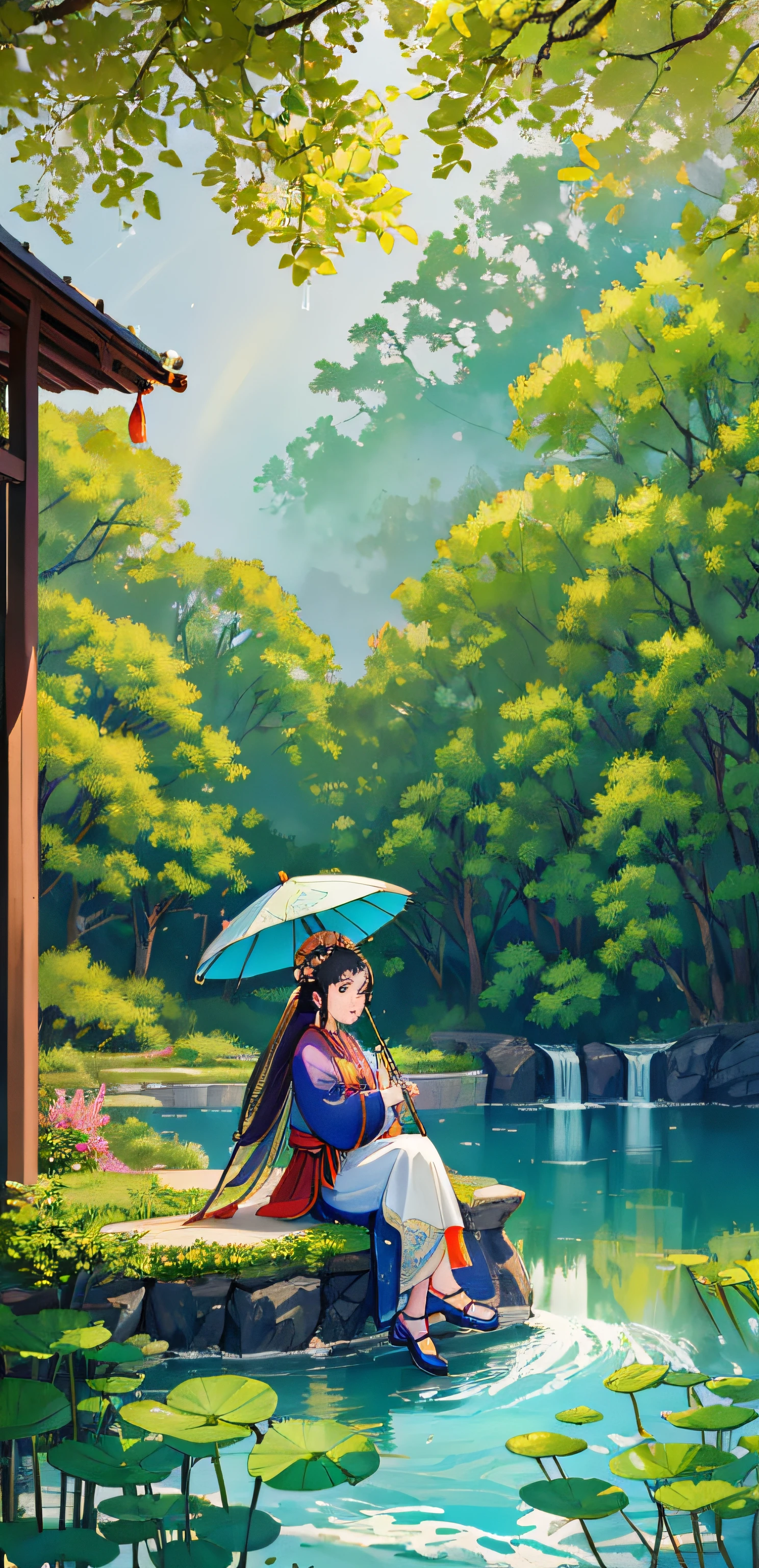 (Pastoral Life) (It's drizzling), (8K, best quality: 1.2), (Masterpiece: 1.37), (Photo, Realism: 1.37), (Ultra High resolution), Full body, Quiet pond with lotus leaves, water wheels turning, willow leaves hanging down above the picture, two mandarin ducks in the water, farmhouse, livestock house, granary, garden, terrace, swimming pool, a woman with an umbrella stops and looks at everything