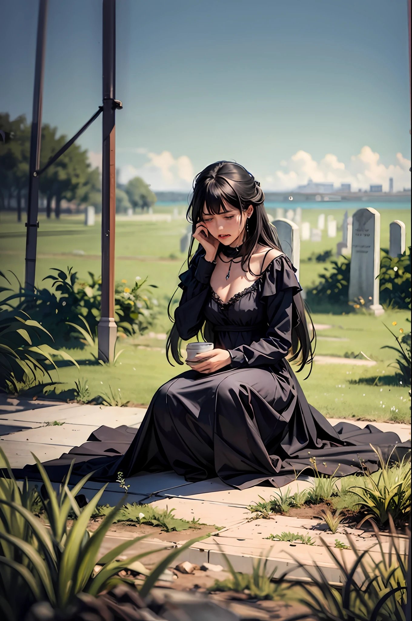 Hyper photorealistic, full body view, visit to a grave style, girl in black dress, crying, shed tears before the grave, straight long black hair, by Claude Monet, oil painting, rough touch, rough lines with movement, illustration, prowl hell street, super detailed