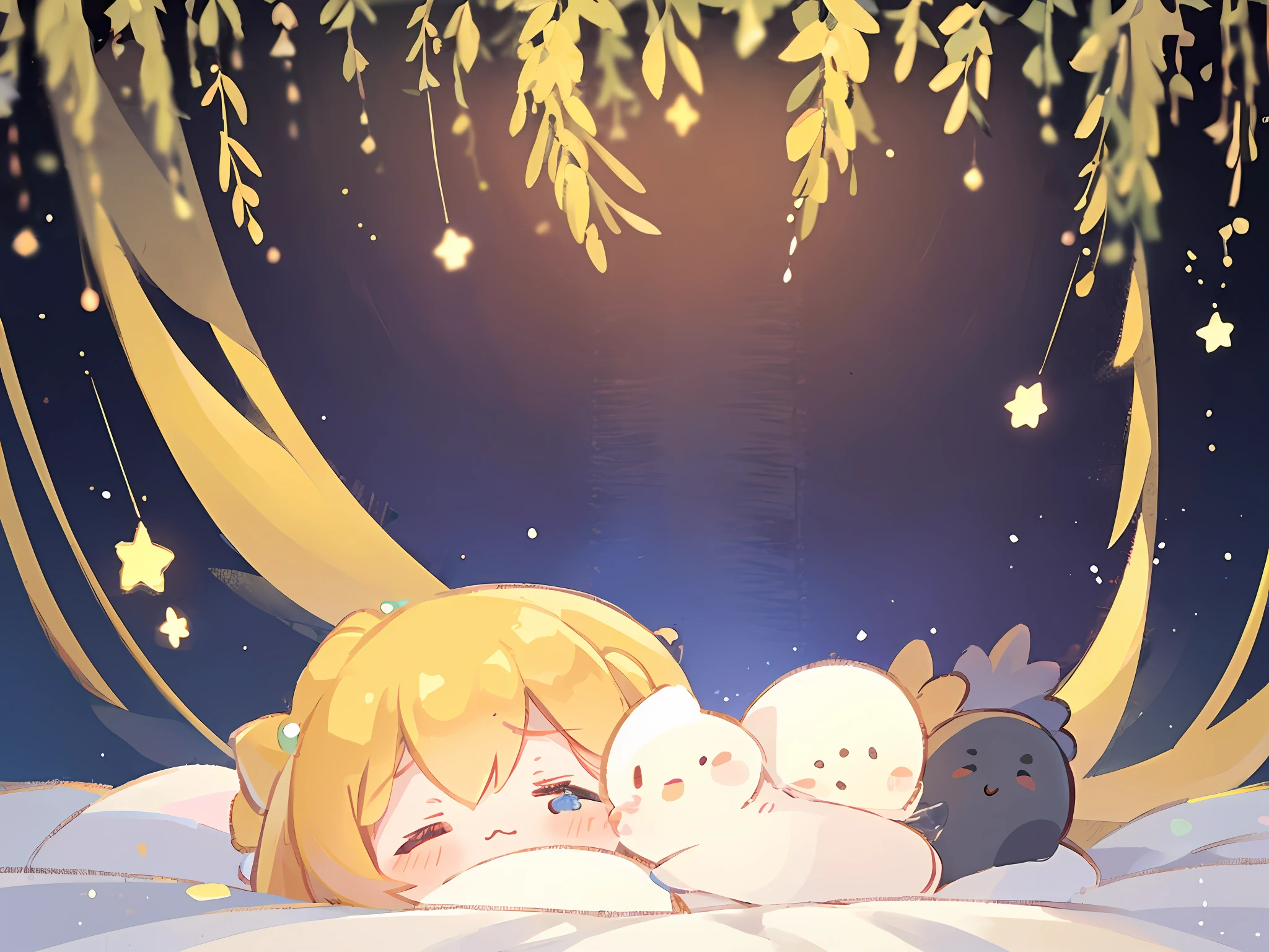 Top Quality, Masterpiece, Ultra High Resolution, Pretty Facial Features, Flat Design, Yellow Themes, Shoshi no Ko, Hoshino Ai, (Sleepy Eyes: 1.1), (Cute Yellow Night Dress), Cute, One Hand on Face, Bedtime, Disheveled Long Hair,
(simple dark background), giant stars shining in the dark, cure, ziyu,