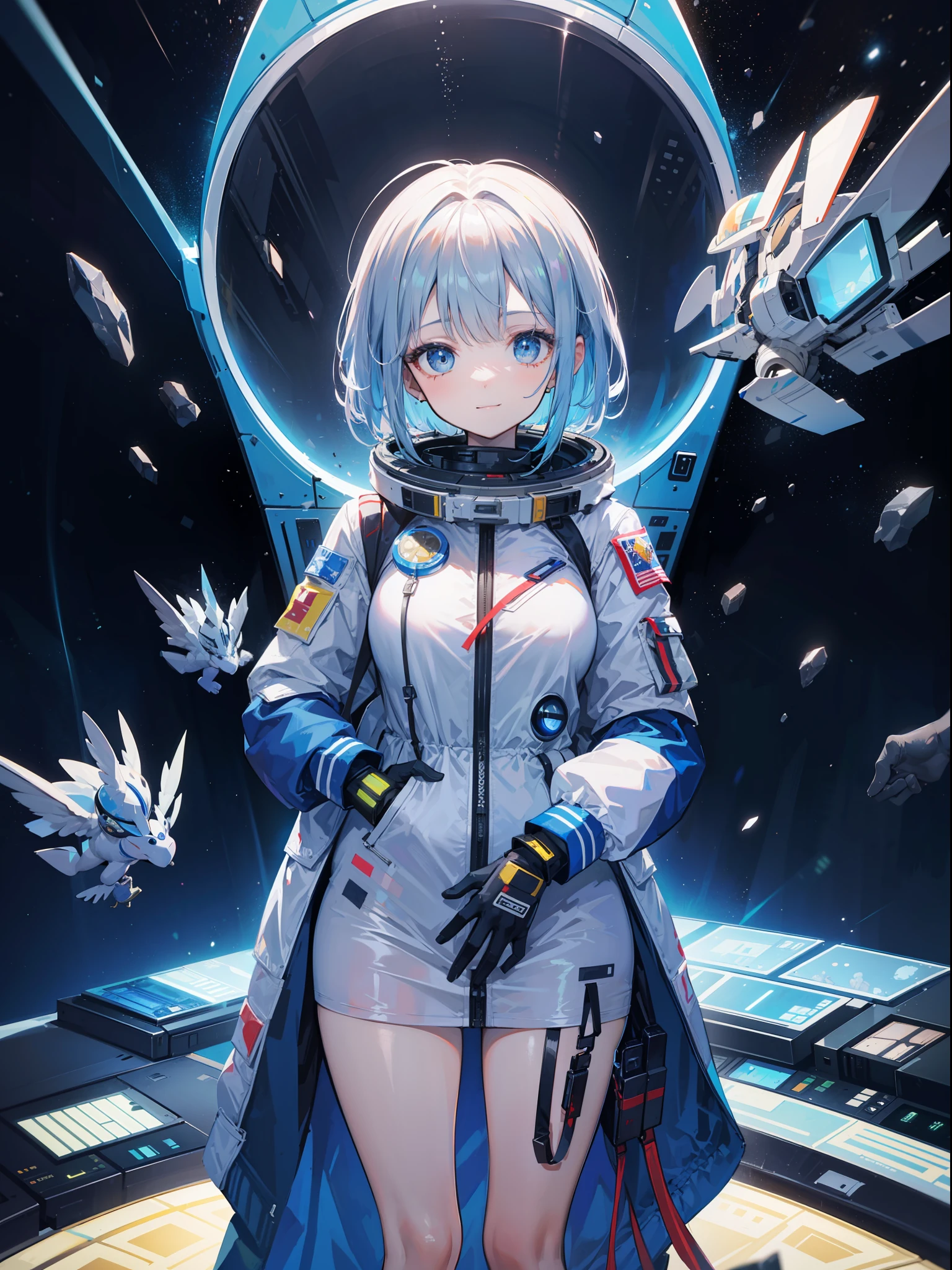 cute girl in a spaceship, standing, hands behind backs, happy. close up, tecnological, asteroids, space suit, without helmet, glass, space window, gorgeous, (masterpiece), best quality, expressive eyes, perfect face, sensual, colorfull eyes, reflections,amazing,
