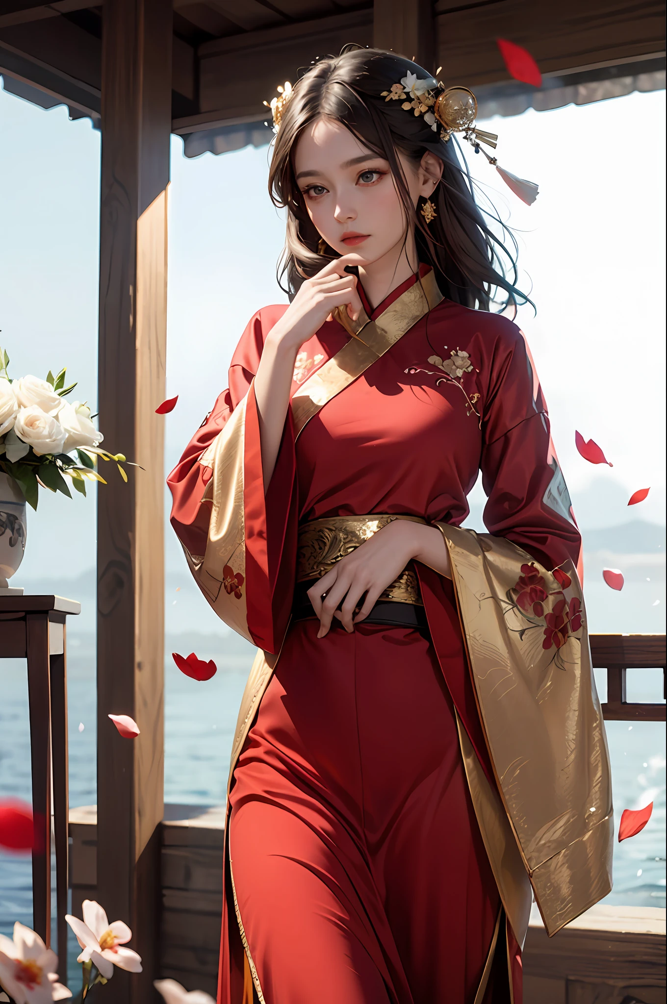best quality, masterpiece, highres, (exquisite body:1.5),gorgeous face,(milky skin:1.3),intricate details,high resolution,wallpaper,
1girl, solo, dress, hair ornament, (((gold and red dress))), flowers, long hair, brown hair, closed mouth, jewelry, long sleeves, hand up, wide sleeves, big eyes,floating hair, chinese clothes, hanfu, embroidery, long skirt, natural pose, falling petals, indoor,fanning, lantern,
16K,HDR,highres,depth field,(film grain:1.1),boken,golden hour,(lens flare),vignette,rainbowing,(color grading:1.5)