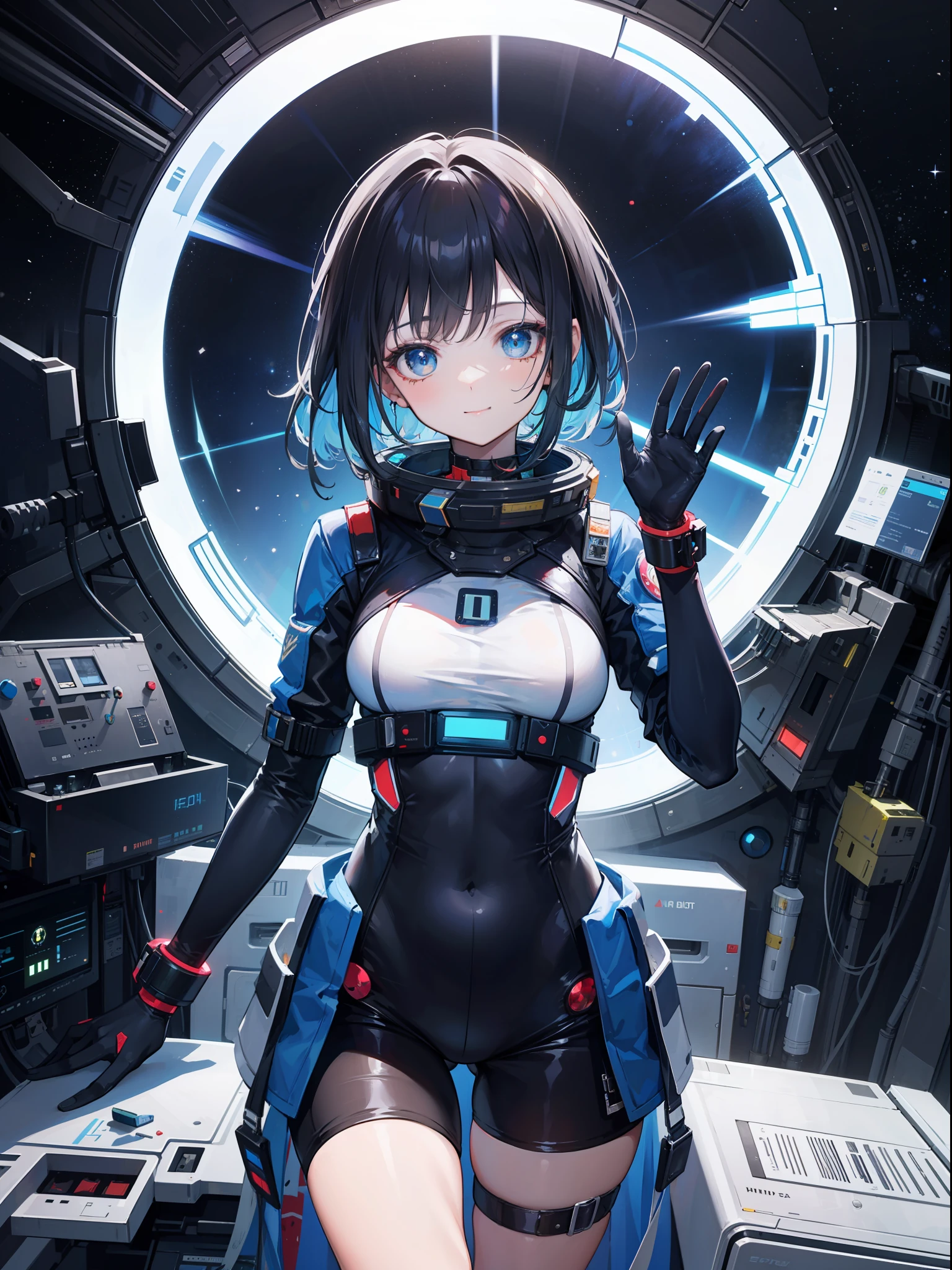 cute girl in a spaceship, standing, hands behind backs, happy. close up, tecnological, asteroids, space suit, without helmet, glass, space window, gorgeous, (masterpiece), best quality, expressive eyes, perfect face, sensual, colorfull eyes, reflections,amazing,