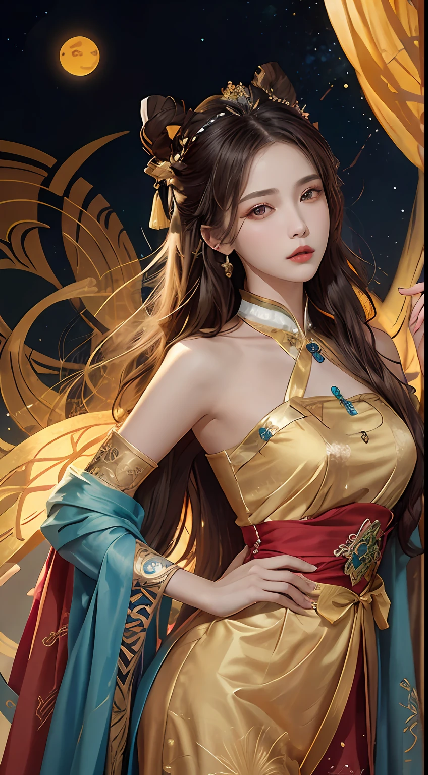 A 27-year-old girl holding an ancient pixie in her hand, a zodiac goddess from the future with a pixie, the goddess of the 12 zodiac signs of pink and purple, the goddess of the 12 zodiac signs in yellow ao dai, Ao Dai 12 zodiac with many details in black lace, dunhuang_dress, dunhuang_style, dunhuang_background, mythical goddess of the 12 zodiacs with a pixie from the future, zodiac , luxury sparkling zodiac style, dark version and mystery, zodiac crown, vermilion lips, thin and pretty lips, A smile that captivates viewers, characters created by karol bak and pino daeni, intricate details, detailed backgrounds, extremely detail, light magic, a woman, clear face, look at the face of the goddess of the zodiac, look at the face of the goddess of the zodiac, long hair with bangs, beautiful face in detail and balanced eyes, (transparent yellow eyes: 1.8), big round eyes and very nice and detailed makeup, foresight, silk dress, mysterious makeup, side bangs and dyed light blonde, part on the body, the upper part of the goddess of the zodiac, her arms hanging down, (the pixie: 1.8), realistic and vivid image, (the stars that make up the zodiac: 1.7), (the sky background) zodiac: 1.8), fiction art, RAW photos, Chinese hanfu photos, Dunhuang hanfu style, best photos, best photo quality, 8k quality, super 8k, surreal, most economical real photos , artistic portrait of the goddess of the zodiac,