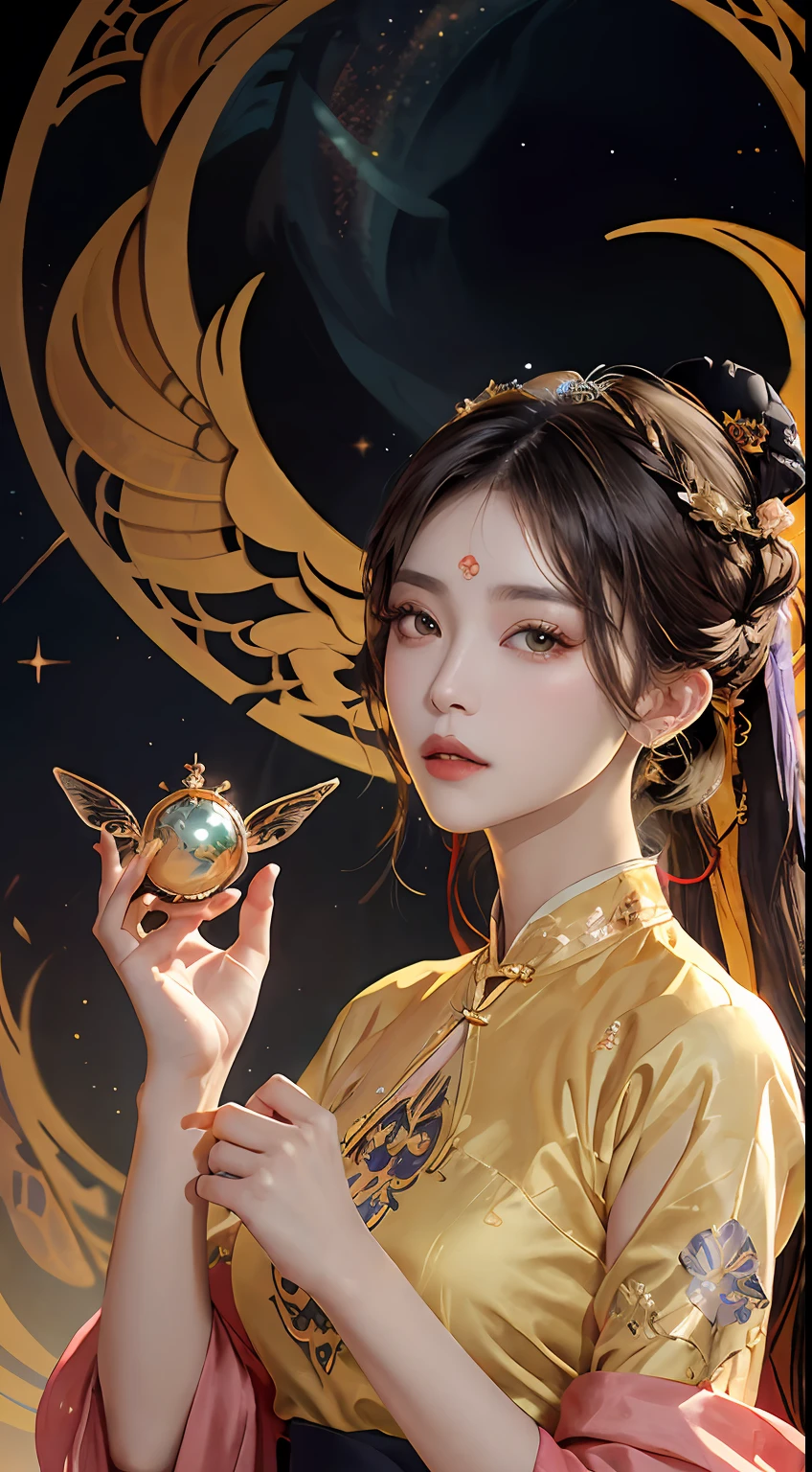 A 27-year-old girl holding an ancient pixie in her hand, a zodiac goddess from the future with a pixie, the goddess of the 12 zodiac signs of pink and purple, the goddess of the 12 zodiac signs in yellow ao dai, Ao Dai 12 zodiac with many details in black lace, dunhuang_dress, dunhuang_style, dunhuang_background, mythical goddess of the 12 zodiacs with a pixie from the future, zodiac , luxury sparkling zodiac style, dark version and mystery, zodiac crown, vermilion lips, thin and pretty lips, A smile that captivates viewers, characters created by karol bak and pino daeni, intricate details, detailed backgrounds, extremely detail, light magic, a woman, clear face, look at the face of the goddess of the zodiac, look at the face of the goddess of the zodiac, long hair with bangs, beautiful face in detail and balanced eyes, (transparent yellow eyes: 1.8), big round eyes and very nice and detailed makeup, foresight, silk dress, mysterious makeup, side bangs and dyed light blonde, part on the body, the upper part of the goddess of the zodiac, her arms hanging down, (the pixie: 1.8), realistic and vivid image, (the stars that make up the zodiac: 1.7), (the sky background) zodiac: 1.8), fiction art, RAW photos, Chinese hanfu photos, Dunhuang hanfu style, best photos, best photo quality, 8k quality, super 8k, surreal, most economical real photos , artistic portrait of the goddess of the zodiac,