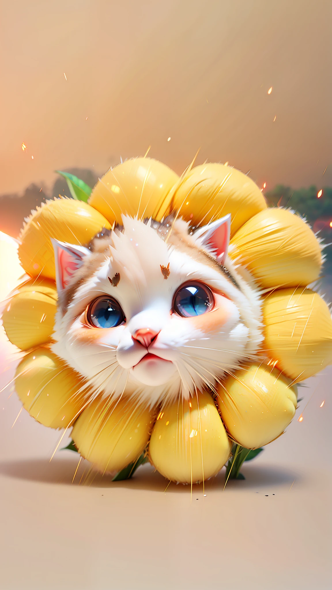 Cute kitten, cartoon style, semi realistic, cute and bright eyes, radiant sunlight, beautiful sunflowers, magical background, beautiful fireflies, sparkles everywhere
