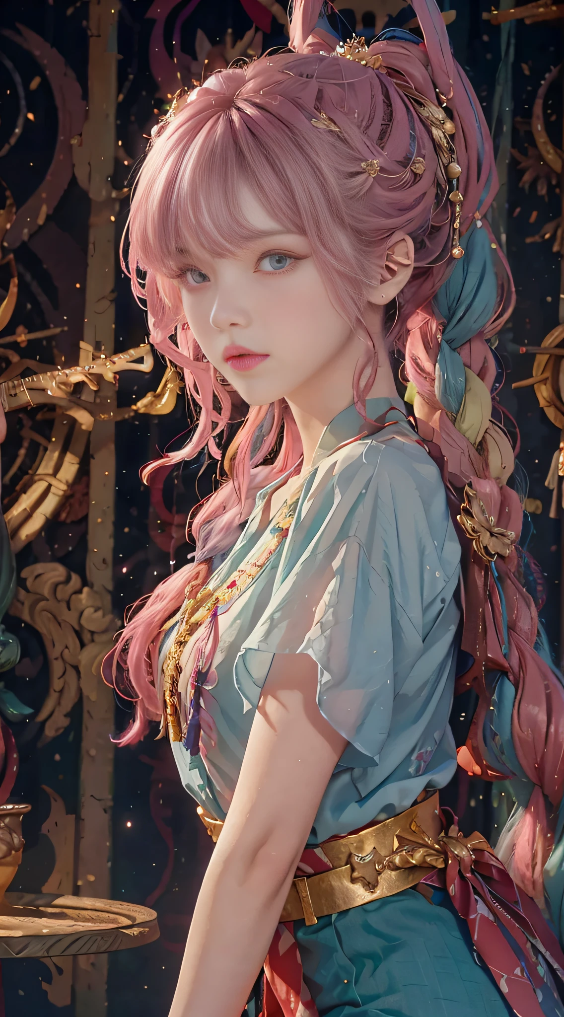 (RAW Photo, Best Quality), (Realistic, Photo Realistic: 1.3), Best Quality, Highly Detailed, Masterpiece, Hyperdetail, Illustration, (1girl: 1.3), Solo, Body Parts, Official Art, Uniform 8k Wallpaper, Close-up of a person with long hair and colorful hair, Colorful braids, pink double-tailed hair and cyan eyes, anime style,