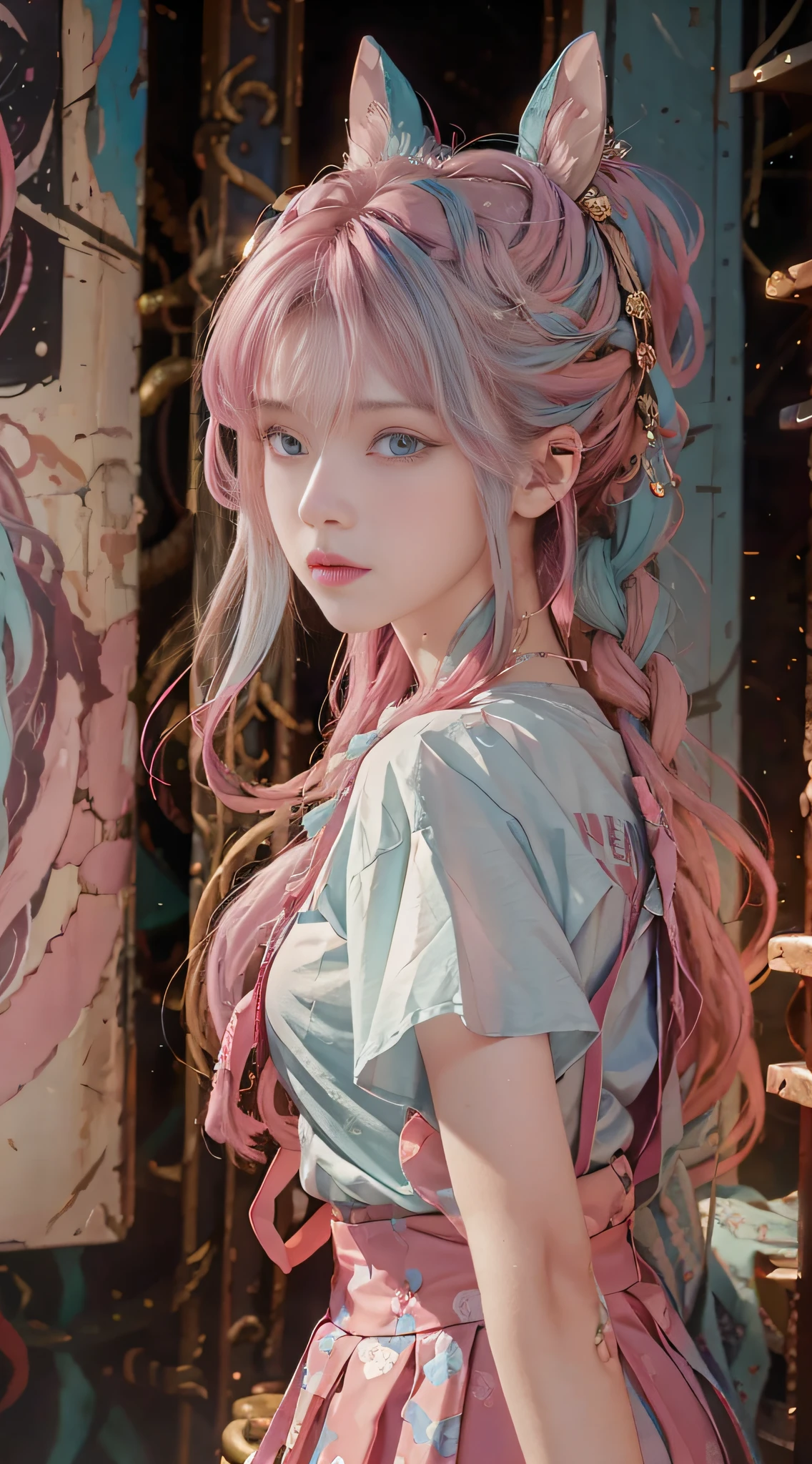 (RAW Photo, Best Quality), (Realistic, Photo Realistic: 1.3), Best Quality, Highly Detailed, Masterpiece, Hyperdetail, Illustration, (1girl: 1.3), Solo, Body Parts, Official Art, Uniform 8k Wallpaper, Close-up of a person with long hair and colorful hair, Colorful braids, pink double-tailed hair and cyan eyes, anime style,