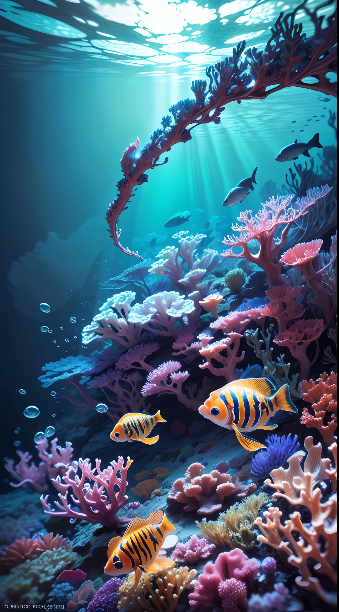 (masterpiece, best quality:1.2), (no humans, cliff, underwater, perspective, from below:1.5), 8k, raw photo, absurdres, beautiful coral reef, rocks, many very small fishs, colorful tropical fishs, light leaks, depth of field, stunning scape, film grain, chromatic aberration, dynamic lighting, dramatic lighting, HDR, photorealistic, film grain, chromatic aberration, highres, ultra detailed, finely detail, extremely detailed, shadow, sharp focus