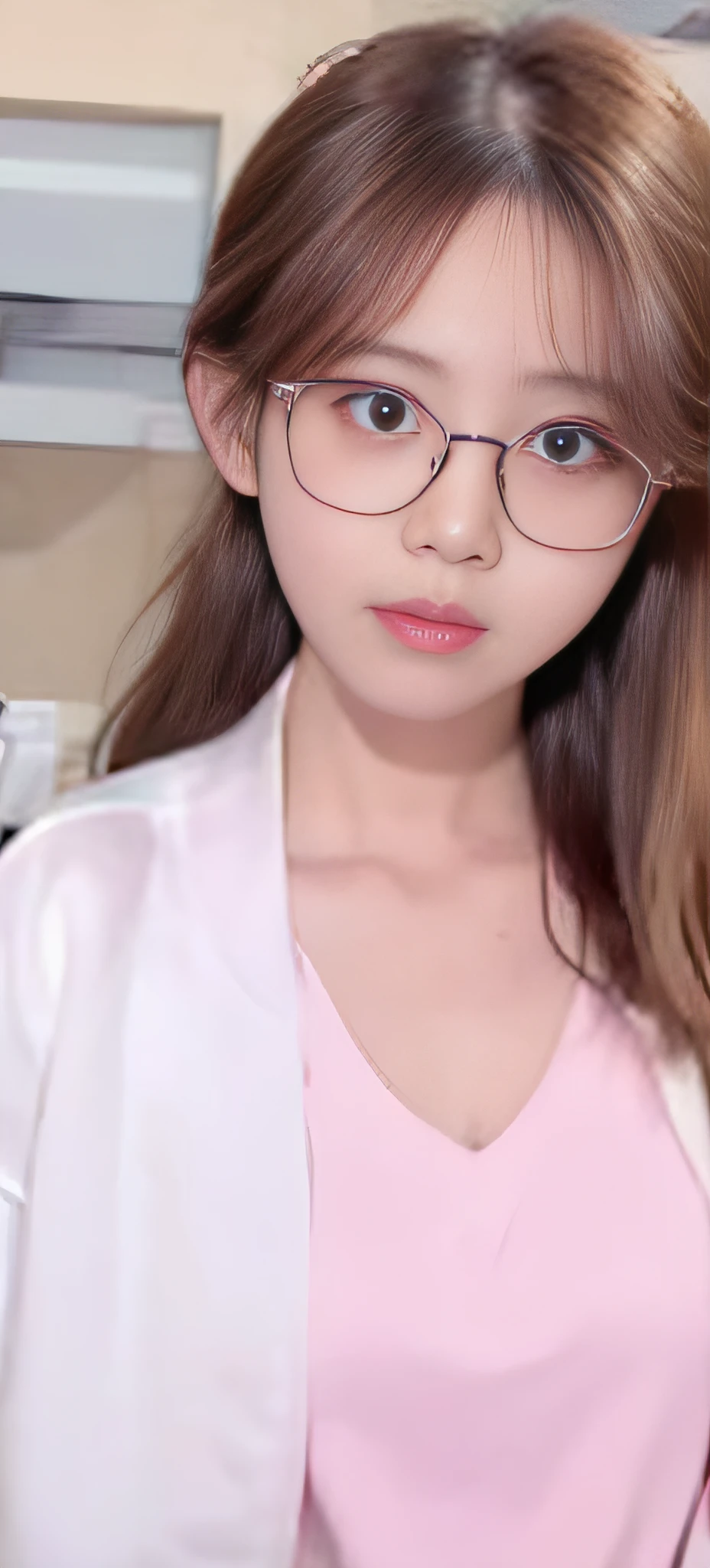 there is a woman with glasses and a white shirt holding a pair of scissors, sakimichan, with glasses, wearing thin large round glasses, heonhwa choe, 奈良美智, ulzzang, chiho, spectacled, pink glasses, with square glasses, !!wearing modern glasses!!, wearing lab coat and glasses