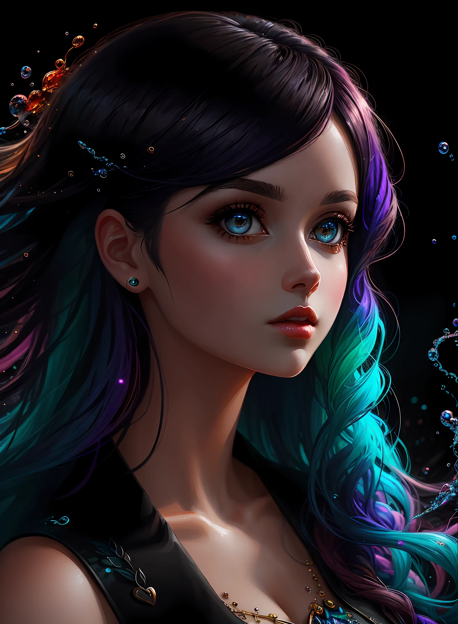 ((Best Quality)), ((Masterpiece)), (Real), (Details), (Details), (1 Woman) close-up portrait of woman with colorful hair, dreamy beautiful woman, 4K high-definition digital art, stunning digital illustration, stunning 8K artwork, colorful digital fantasy art, colorful and dark, beautiful digital artwork, colorful digital painting, Digital Anime Art, Portrait of Girl with Bright Waves, 8K HD Digital Wallpaper Art, Gorgeous Digital Painting