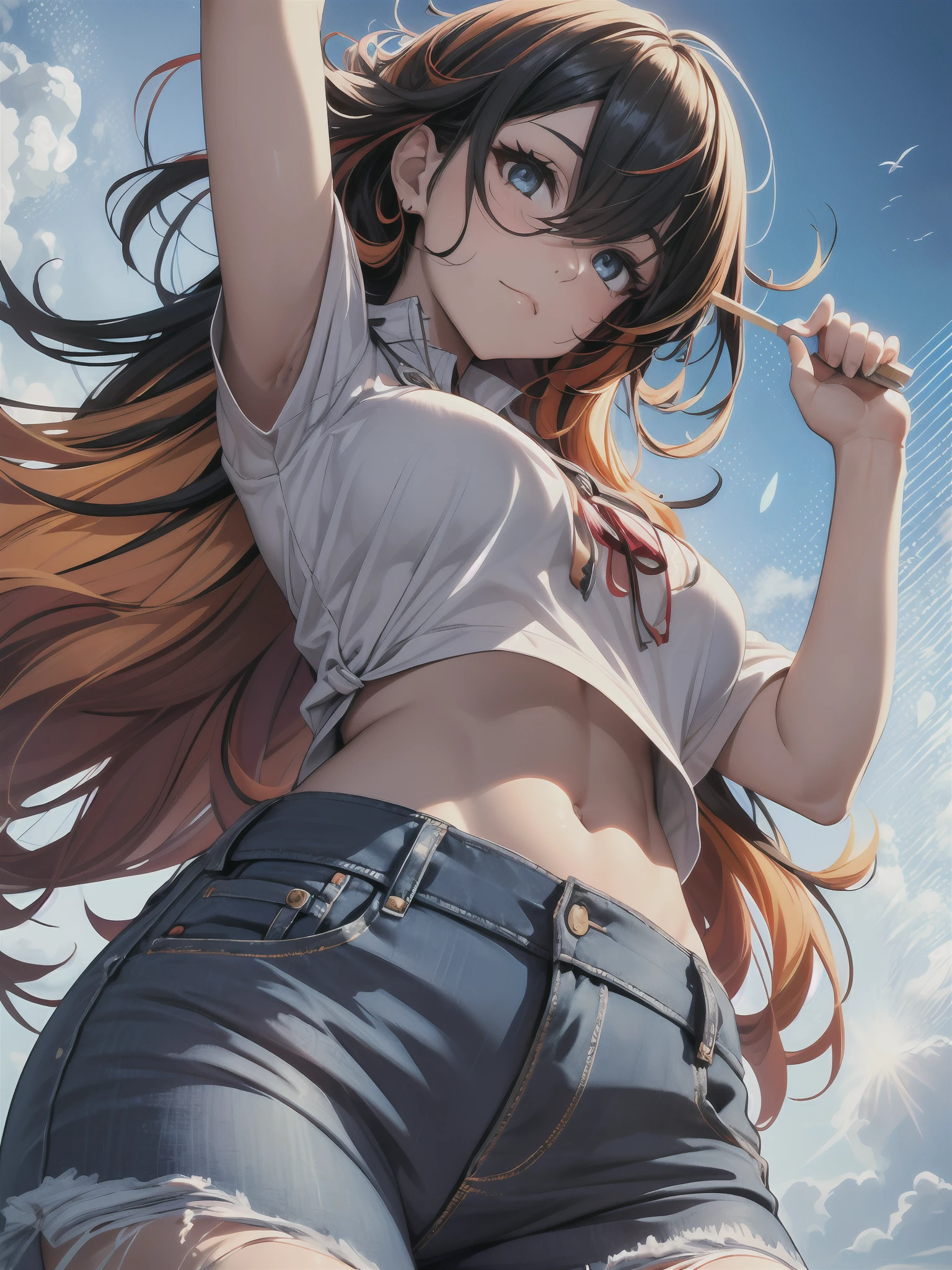 ((Halftone)), (masterpiece), (best quality), (official art, extremely detailed CG unity 8k wallpaper), (highly detailed), ((absurdness)), (best shadow), (detailed background), (delicate eyes, captivating eyes, complex eyes, detailed eyes, perfect eyes), (perfect anatomy), ((Handsome Girl)), ((Upper body)), (light:1.2), (colorful), one side up, (high angle shot), dynamic angle, sharp eyes, long eyelashes, a anime girl Asian tomboy character, 1 girl, solo, (black hair), (orange hair), (multicolored hair), (medium straight hair, chin length), Beach, (sunlight:1.4), china dress, sunglasses, (short jeans), navel, (Raise your arms and gather your hair:1.5), scruff, (Popsicle stains), shiny skin, shiny body, bad-girl, mature female, nice hands perfect hands, (Tsurime Eyes),