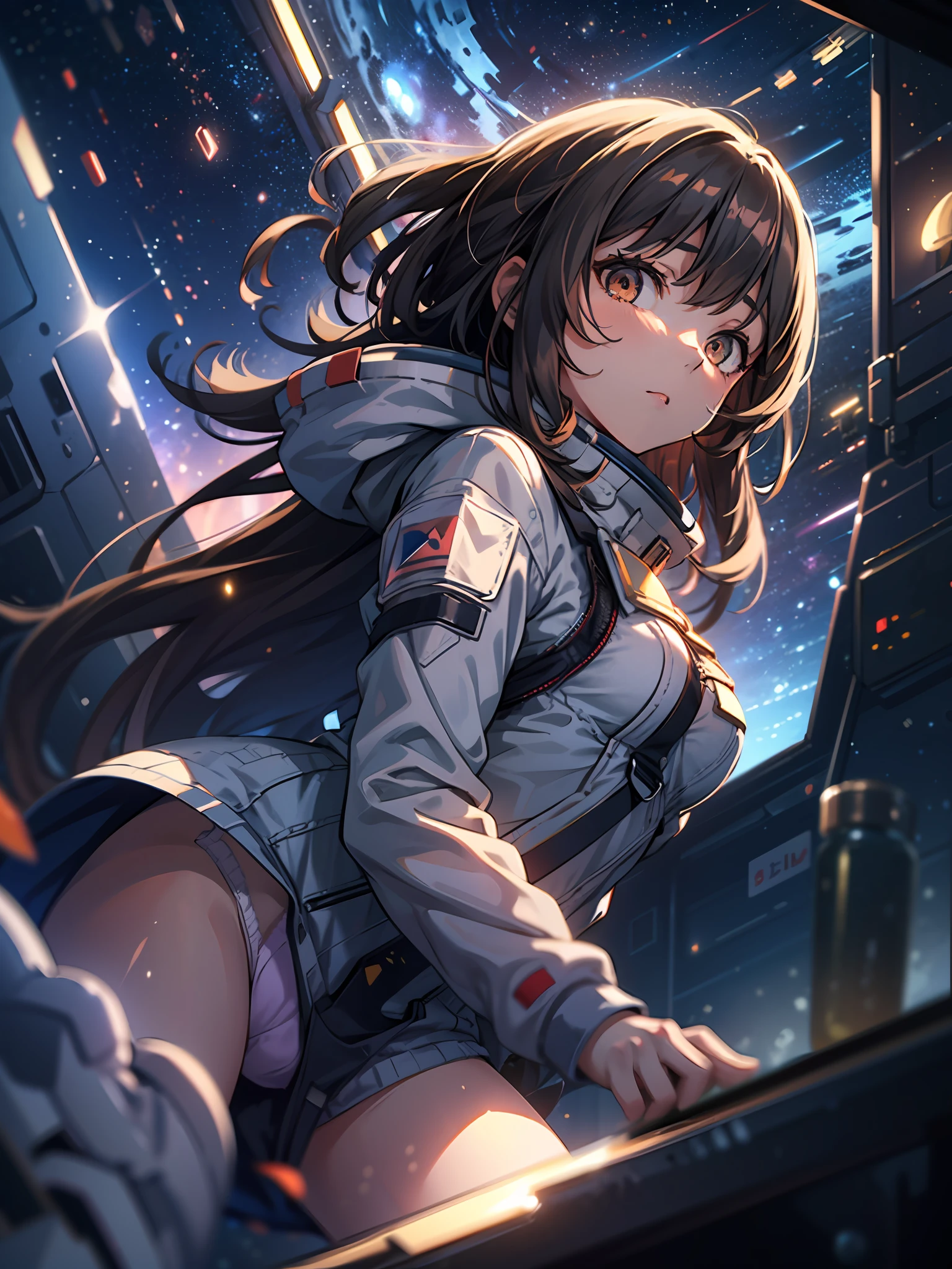 (top quality)),((masterpiece)),((perfect face)),(background blur), (1 girl, semi-long brown hair, brown eyes, (fine and beautiful), spacesuite, panicked expression, medium breasts), Traveling in space, in a large space travel ship, small dark private room with no lights, (weightless space inside the private room), minimal control panel on the wall, pitch black outside the window, no stars visible, (dark room), Breakfast, (weightless world), (food and small items floating), (enjoying weightlessness), from below, looking at viewer, focus on panties,