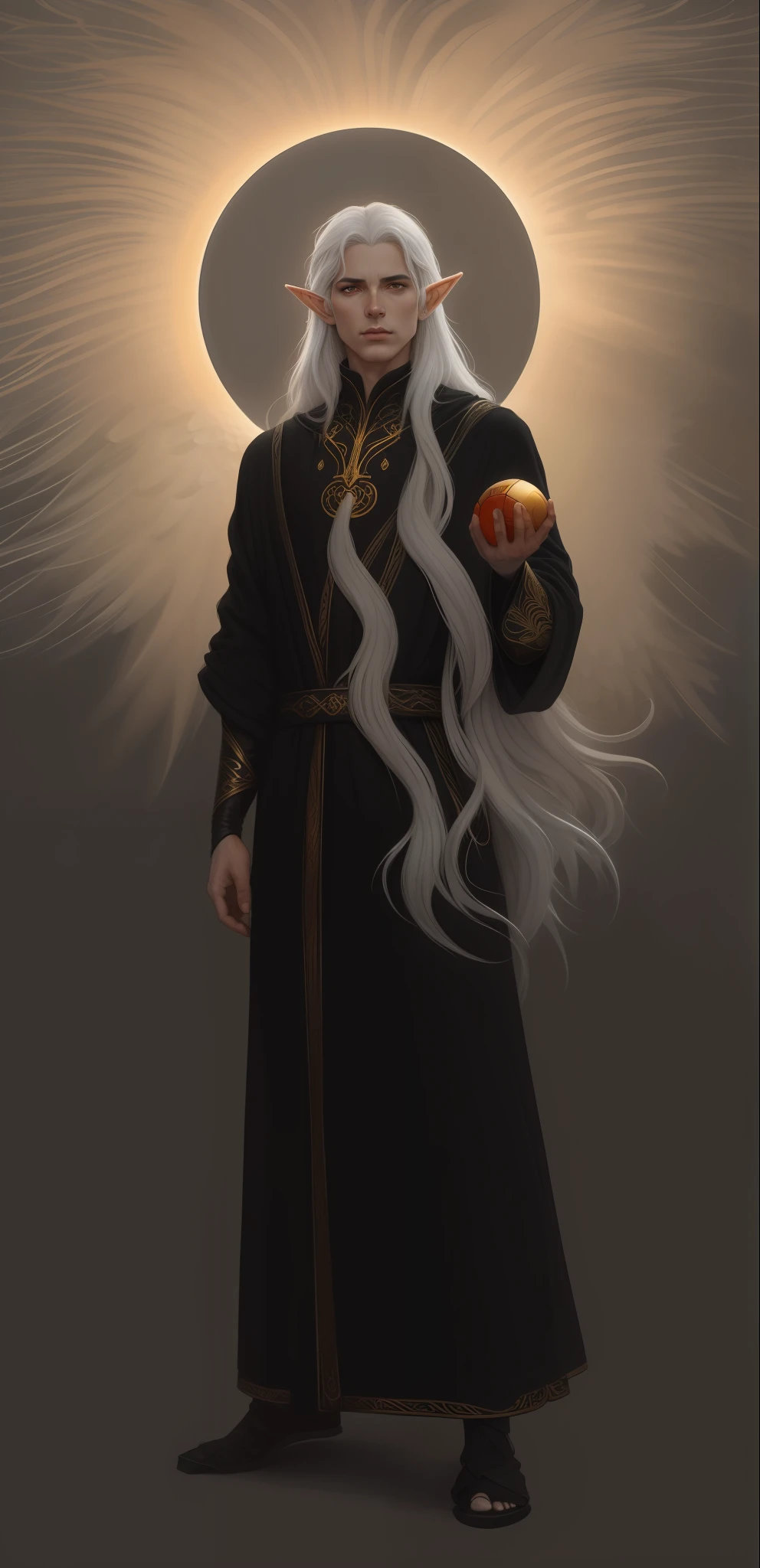 a man with long white hair and a black robe holding a ball, majestic full-length angel in dark robes with golden details, noble male elf in black robes, tom bagshaw donato giancola, dark fantasy character design, white-haired deity, yuri shwedoff and tom bagshaw, inspired by Yoann Lossel, an angel of dawn light