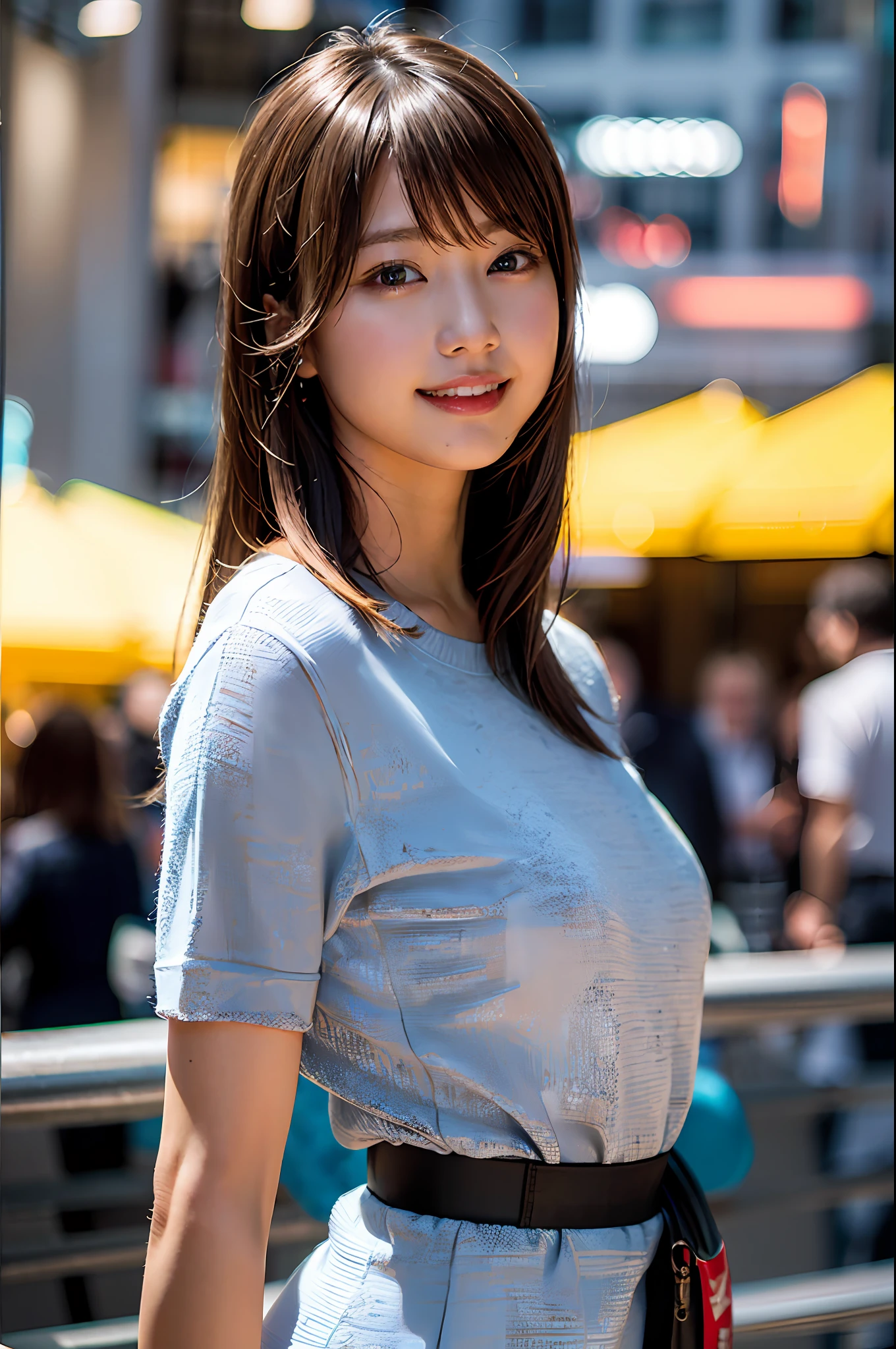 (8k, RAW photo, best quality, masterpiece:1.2), (realistic, photo-realistic:1.37), ultra-detailed, ultra high res,1 girl,looking at viewer,beautiful detailed face,smile,narrow,(slim waist:1.3),shirt, beautiful detailed skin, skin texture, floating hair,professional lighting,